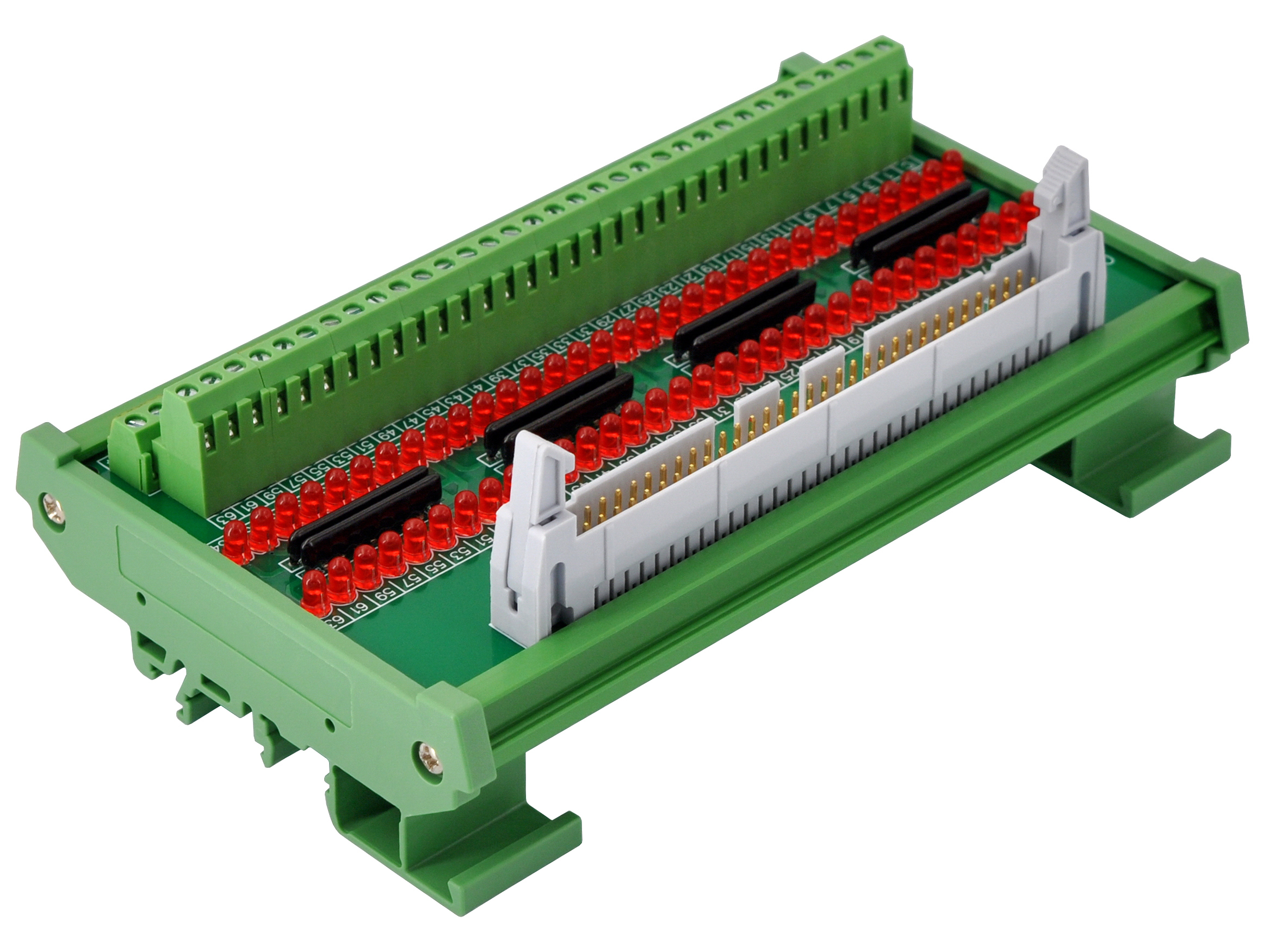 IDC64 Interface Module, COM- with LEDs For Circuit Indication, DIN41651 Flat Ribbon Cable Breakout Board, DIN Rail Mount