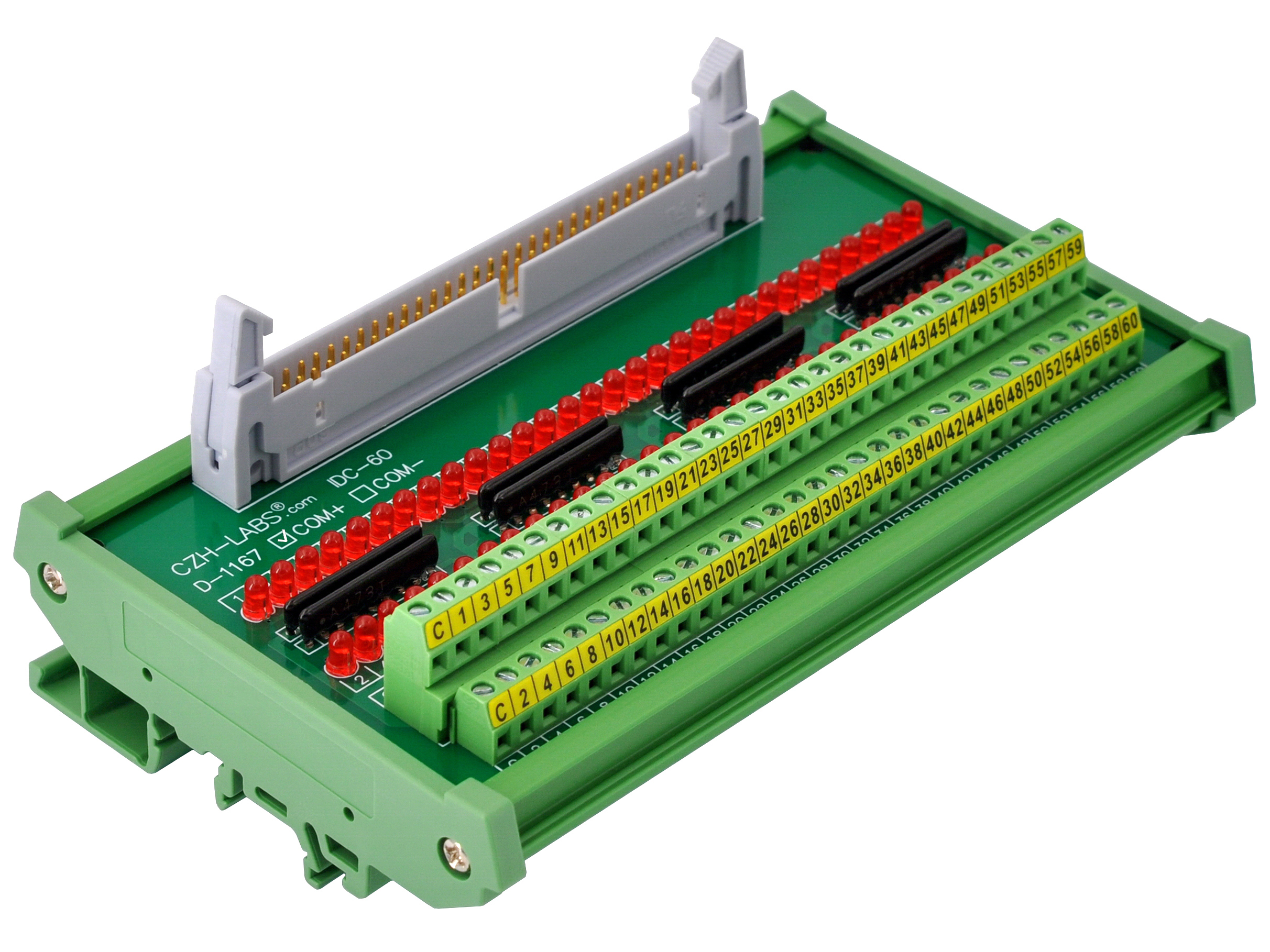 IDC60 Interface Module, COM+ with LEDs For Circuit Indication, DIN41651 Flat Ribbon Cable Breakout Board, DIN Rail Mount