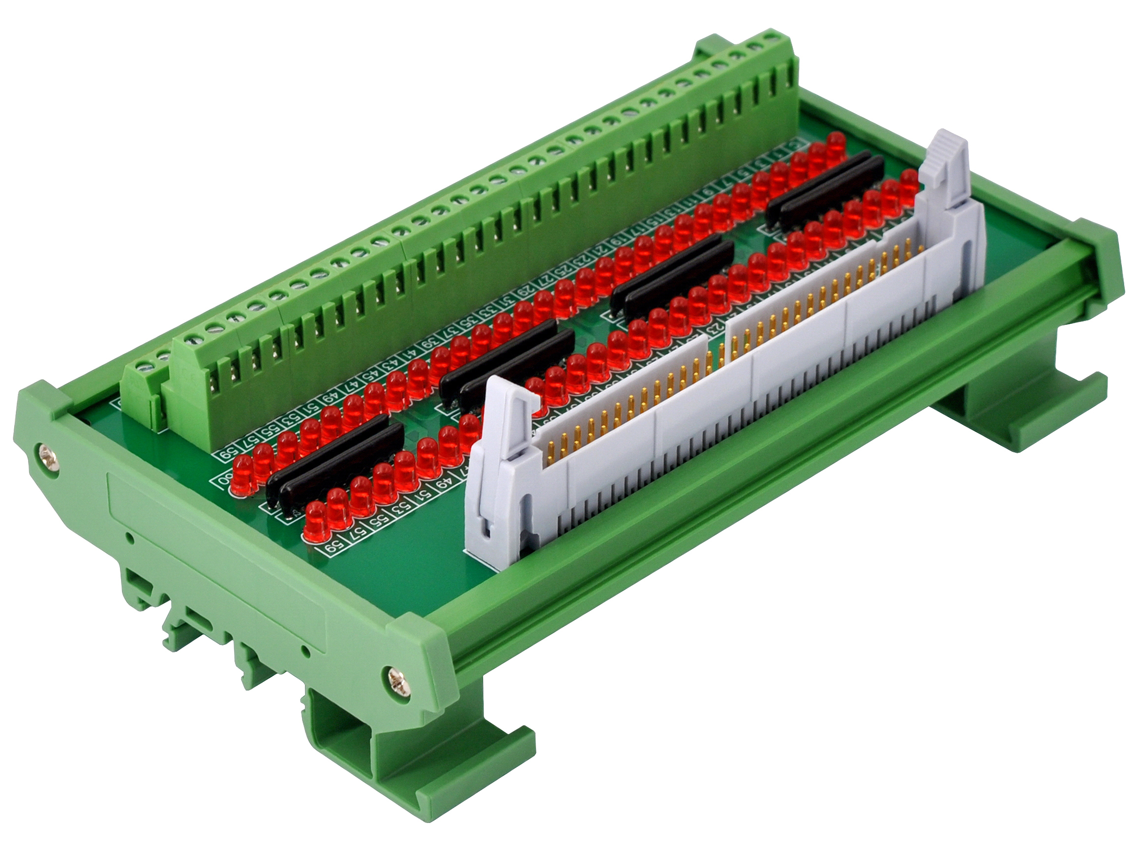 IDC60 Interface Module, COM- with LEDs For Circuit Indication, DIN41651 Flat Ribbon Cable Breakout Board, DIN Rail Mount