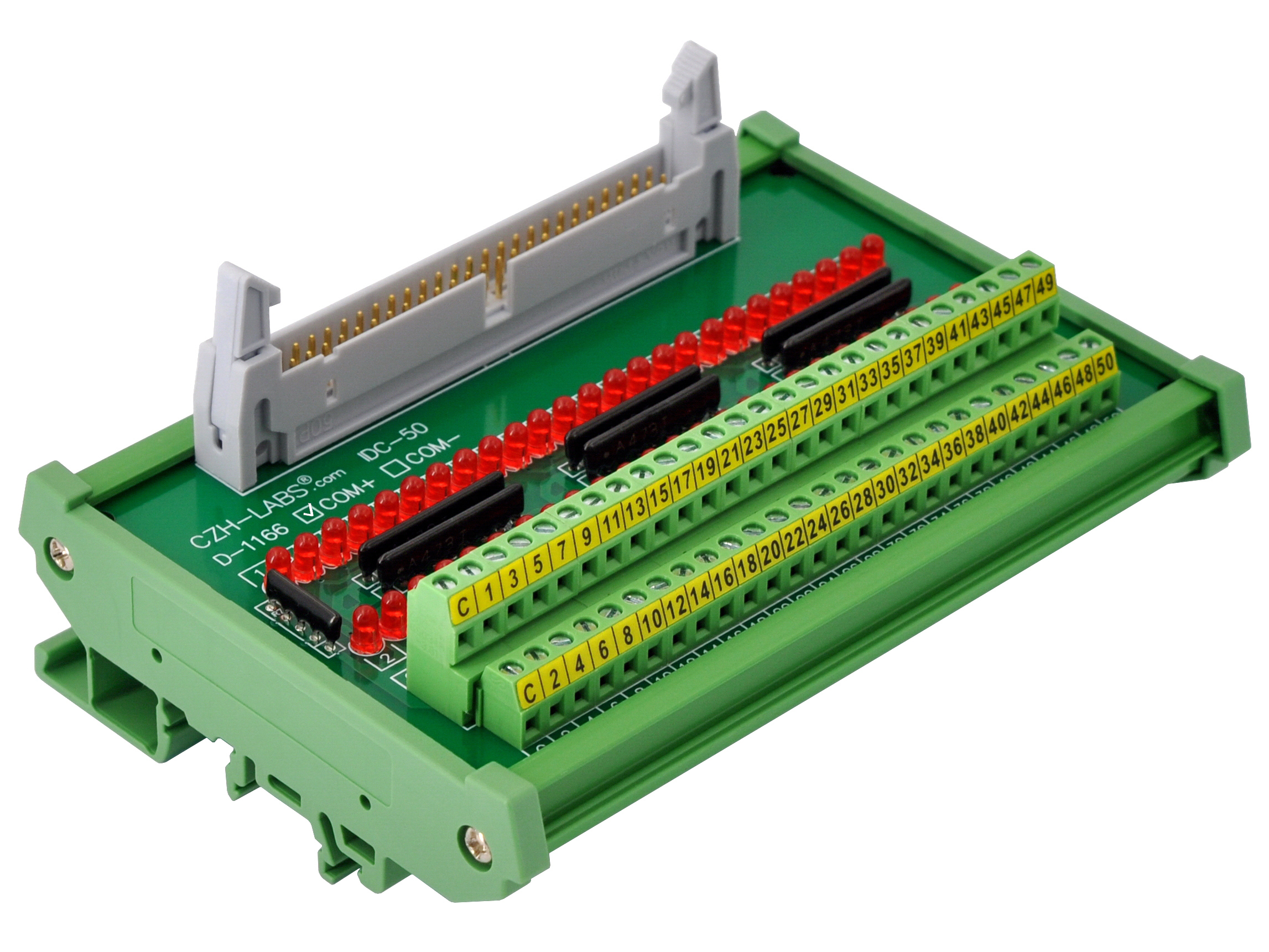 IDC50 Interface Module, COM+ with LEDs For Circuit Indication, DIN41651 Flat Ribbon Cable Breakout Board, DIN Rail Mount
