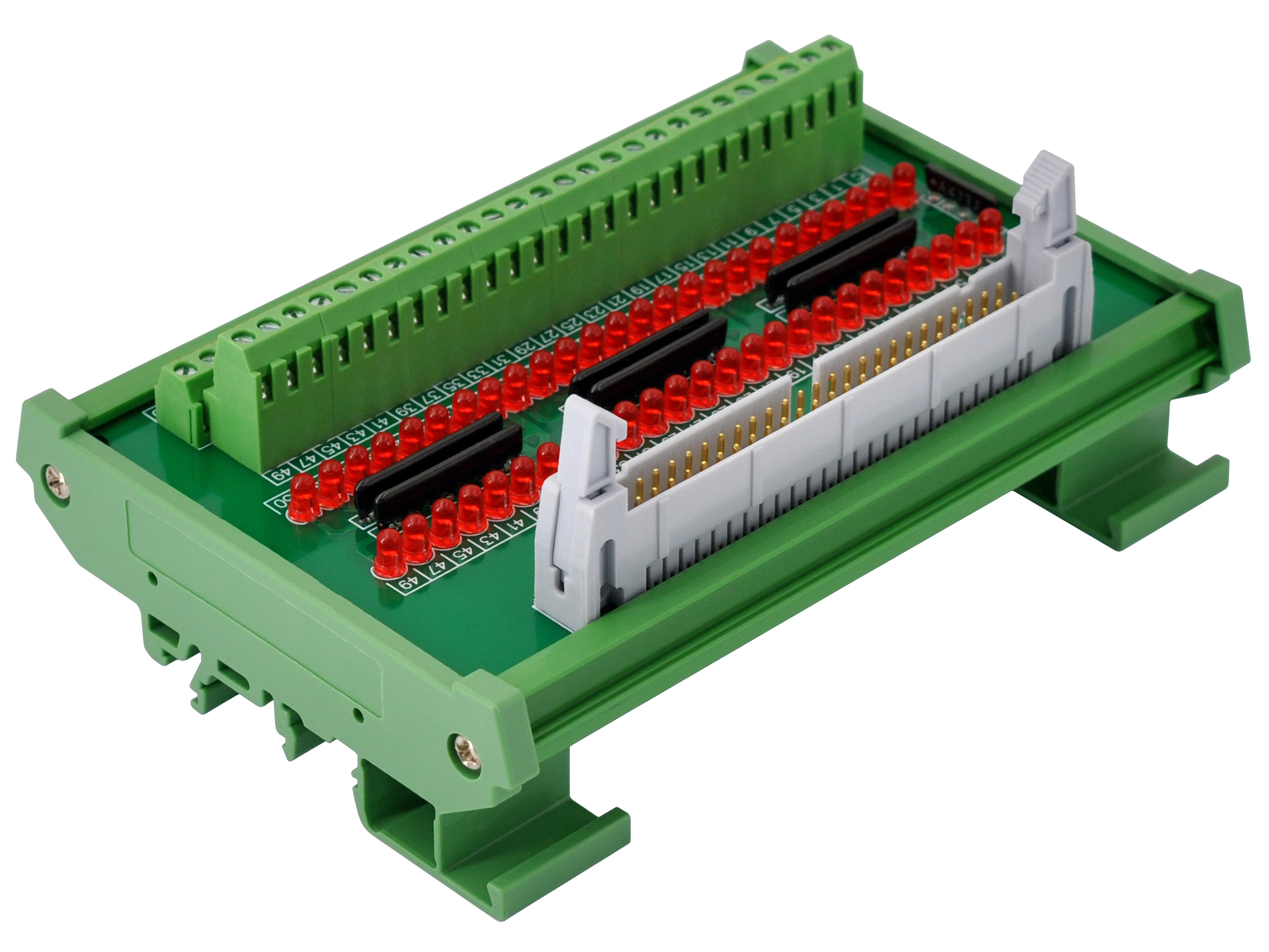 IDC50 Interface Module, COM+ with LEDs For Circuit Indication, DIN41651 Flat Ribbon Cable Breakout Board, DIN Rail Mount