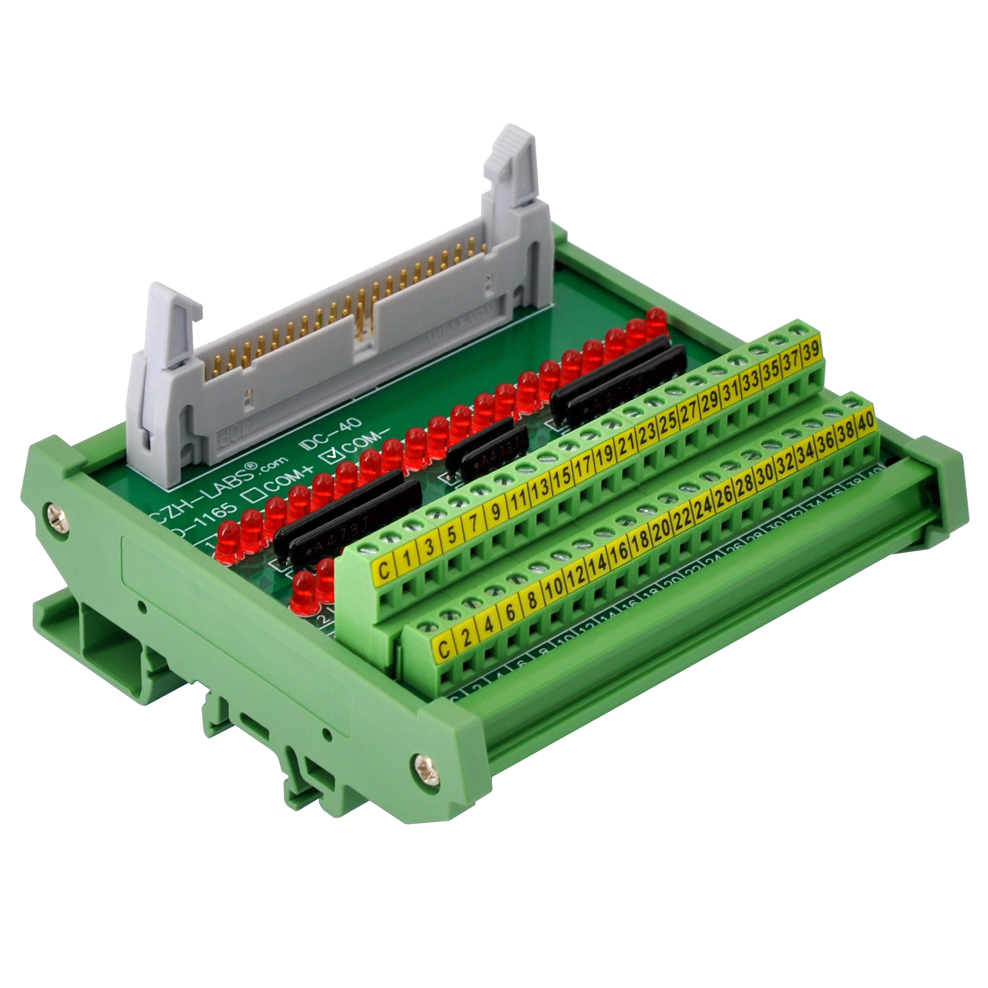 IDC40 Interface Module, COM- with LEDs For Circuit Indication, DIN41651 Flat Ribbon Cable Breakout Board, DIN Rail Mount