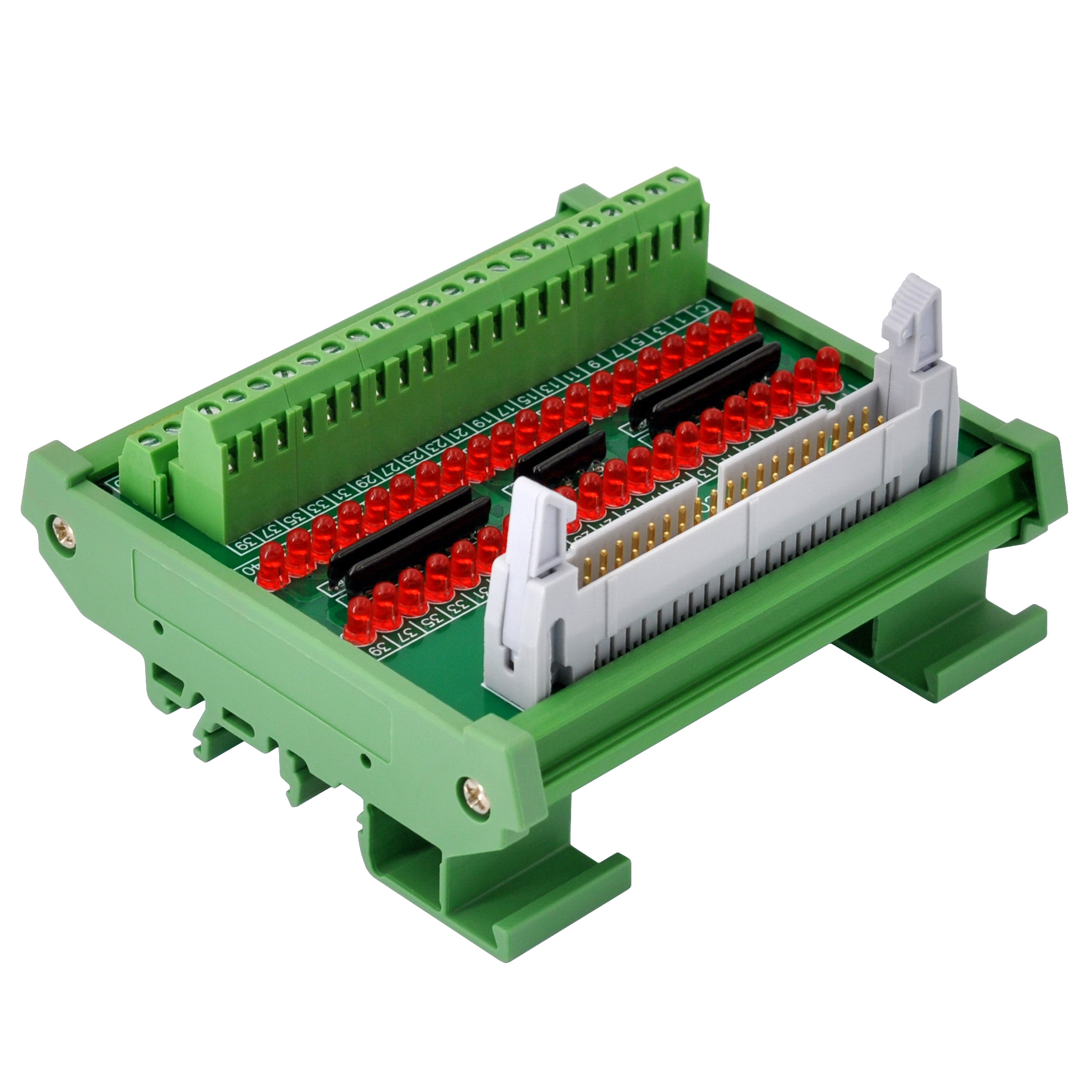 IDC40 Interface Module, COM+ with LEDs For Circuit Indication, DIN41651 Flat Ribbon Cable Breakout Board, DIN Rail Mount