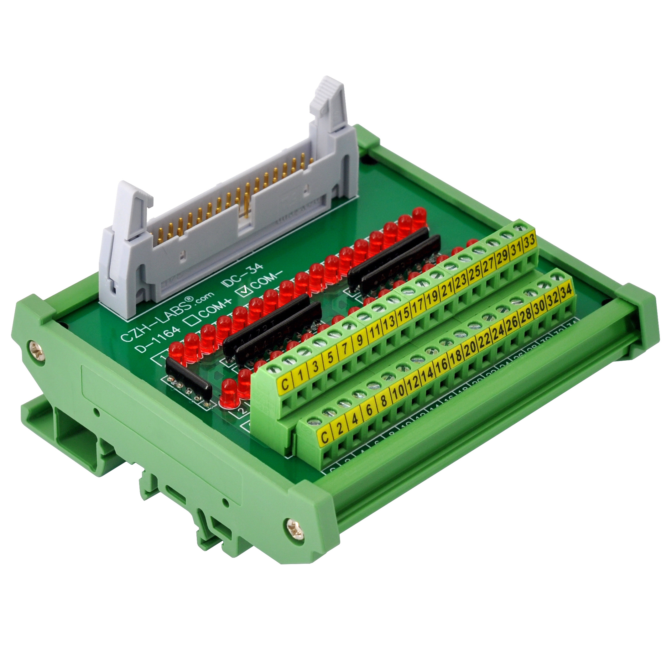 IDC34 Interface Module, COM- with LEDs For Circuit Indication, DIN41651 Flat Ribbon Cable Breakout Board, DIN Rail Mount