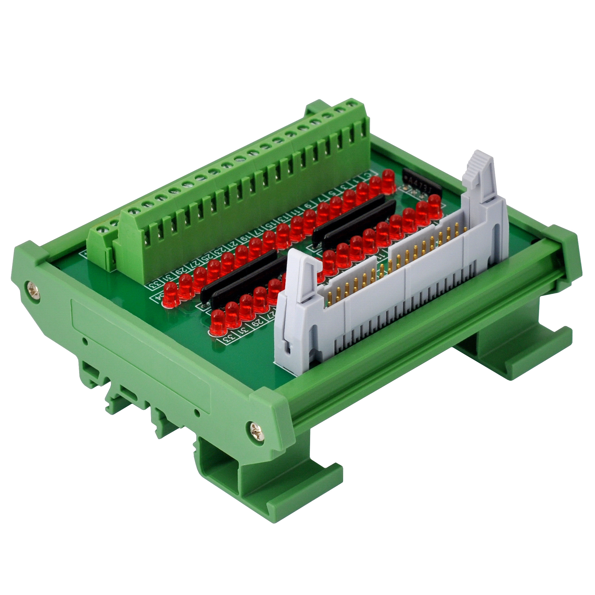 IDC34 Interface Module, COM- with LEDs For Circuit Indication, DIN41651 Flat Ribbon Cable Breakout Board, DIN Rail Mount