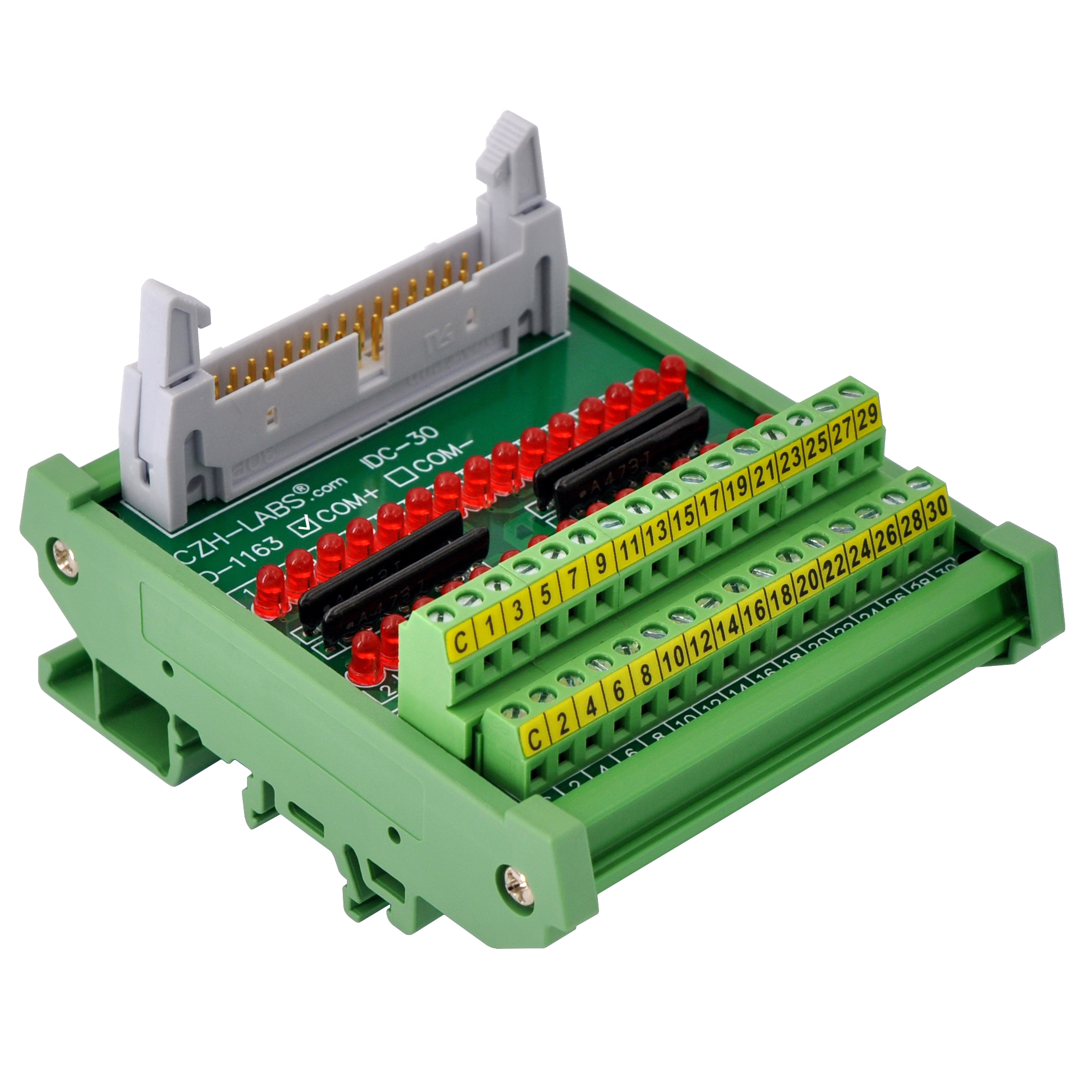 IDC30 Interface Module, COM+ with LEDs For Circuit Indication, DIN41651 Flat Ribbon Cable Breakout Board, DIN Rail Mount