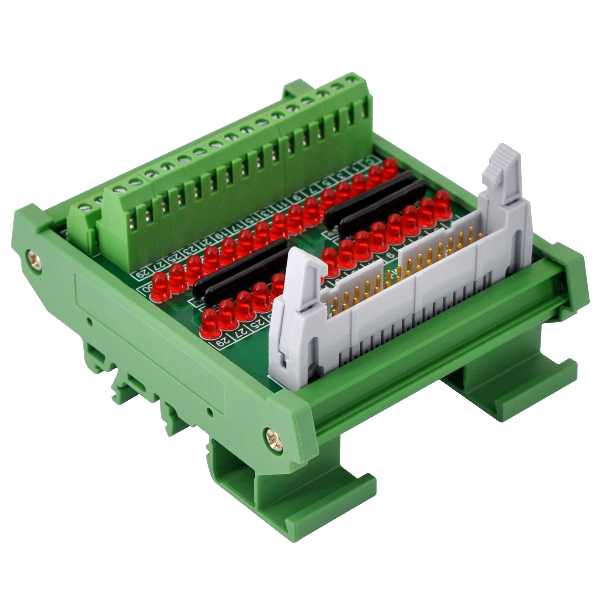 IDC30 Interface Module, COM+ with LEDs For Circuit Indication, DIN41651 Flat Ribbon Cable Breakout Board, DIN Rail Mount