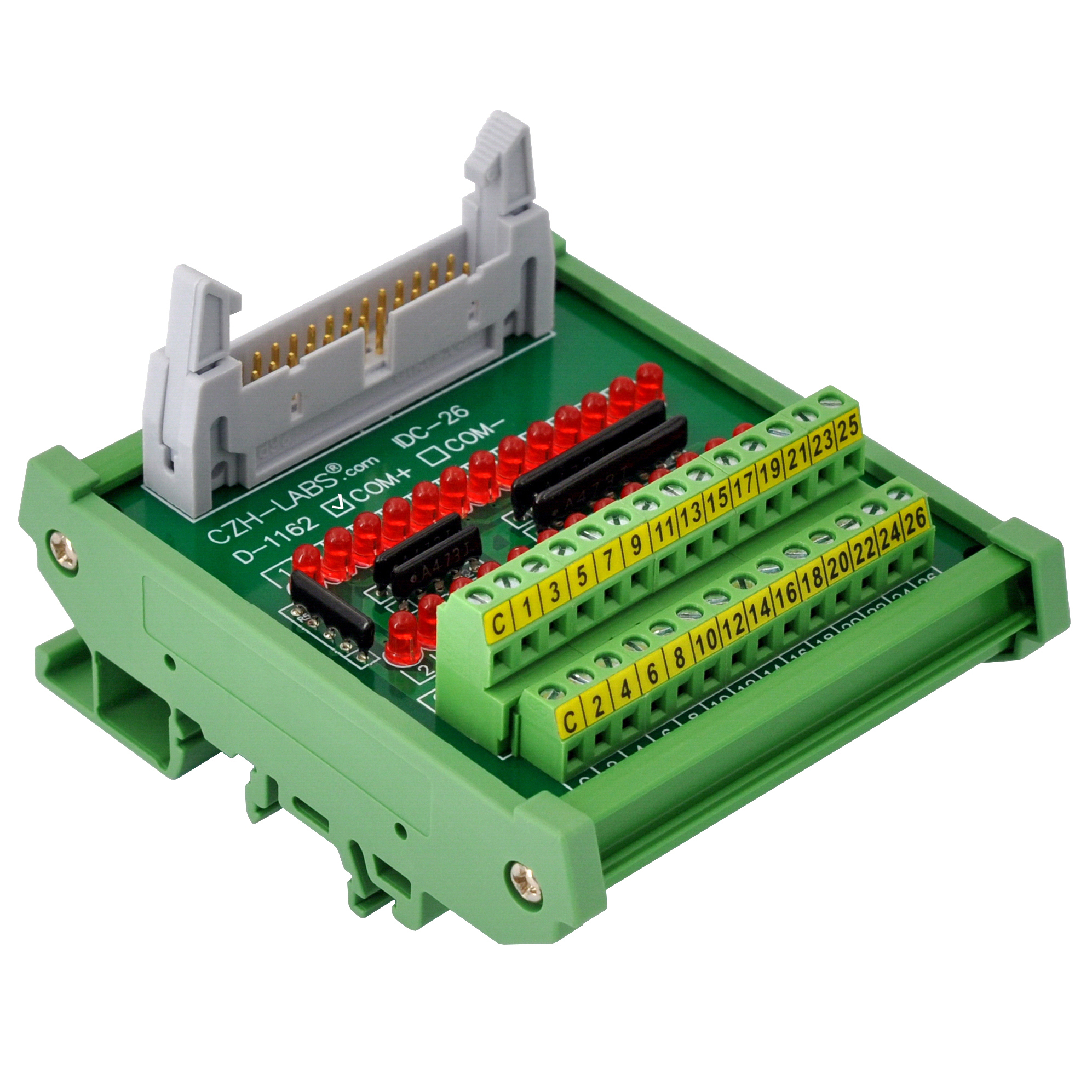 IDC26 Interface Module, COM+ with LEDs For Circuit Indication, DIN41651 Flat Ribbon Cable Breakout Board, DIN Rail Mount
