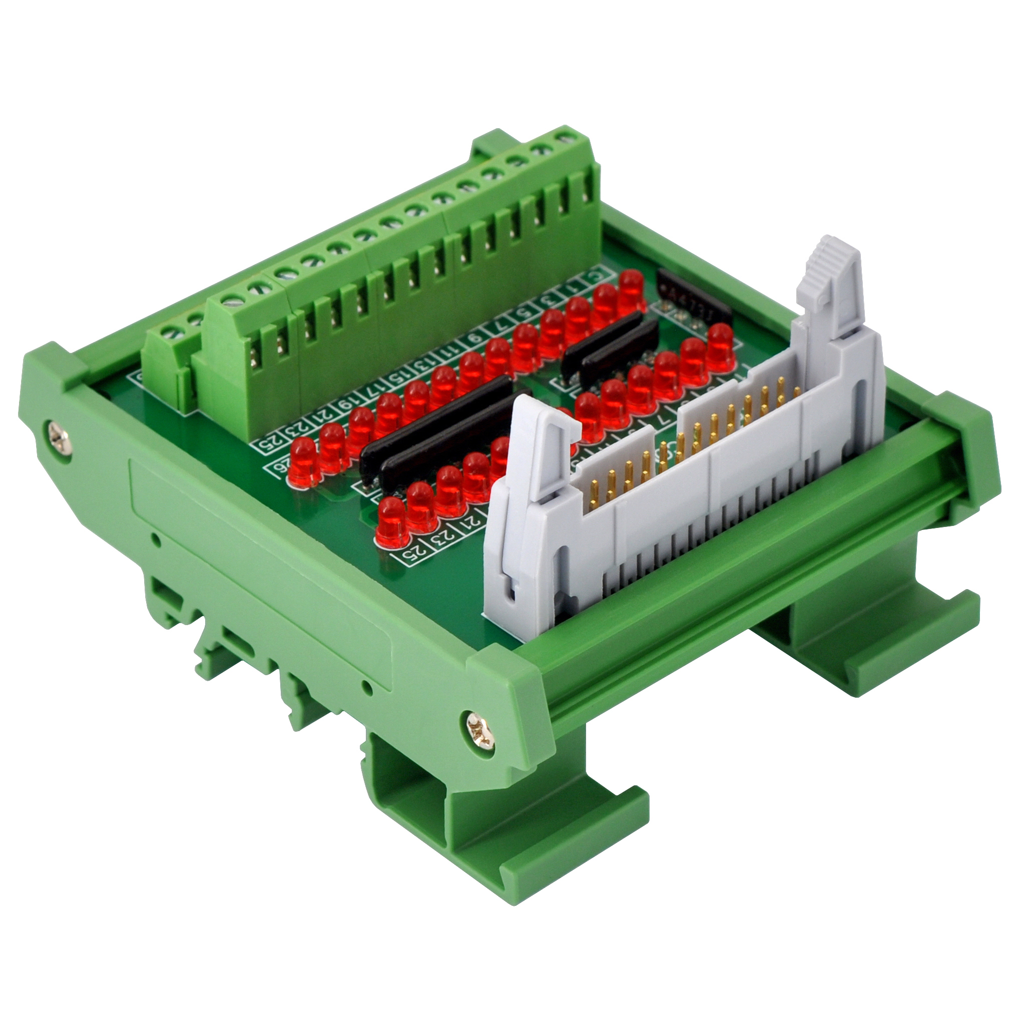 IDC26 Interface Module, COM+ with LEDs For Circuit Indication, DIN41651 Flat Ribbon Cable Breakout Board, DIN Rail Mount