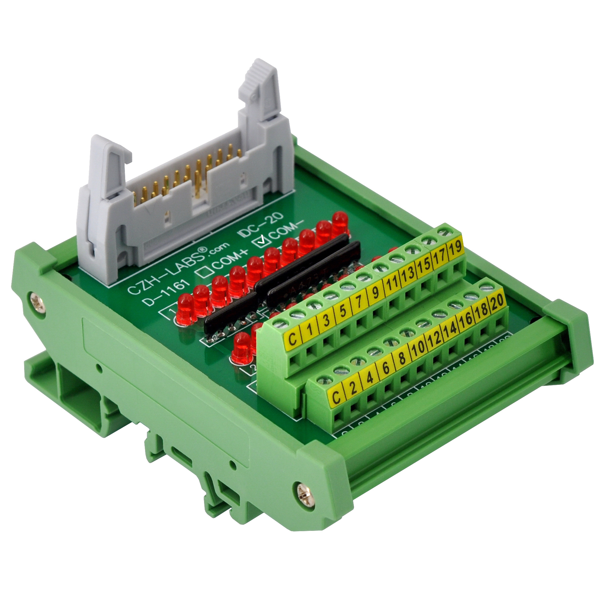 IDC20 Interface Module, COM- with LEDs For Circuit Indication, DIN41651 Flat Ribbon Cable Breakout Board, DIN Rail Mount