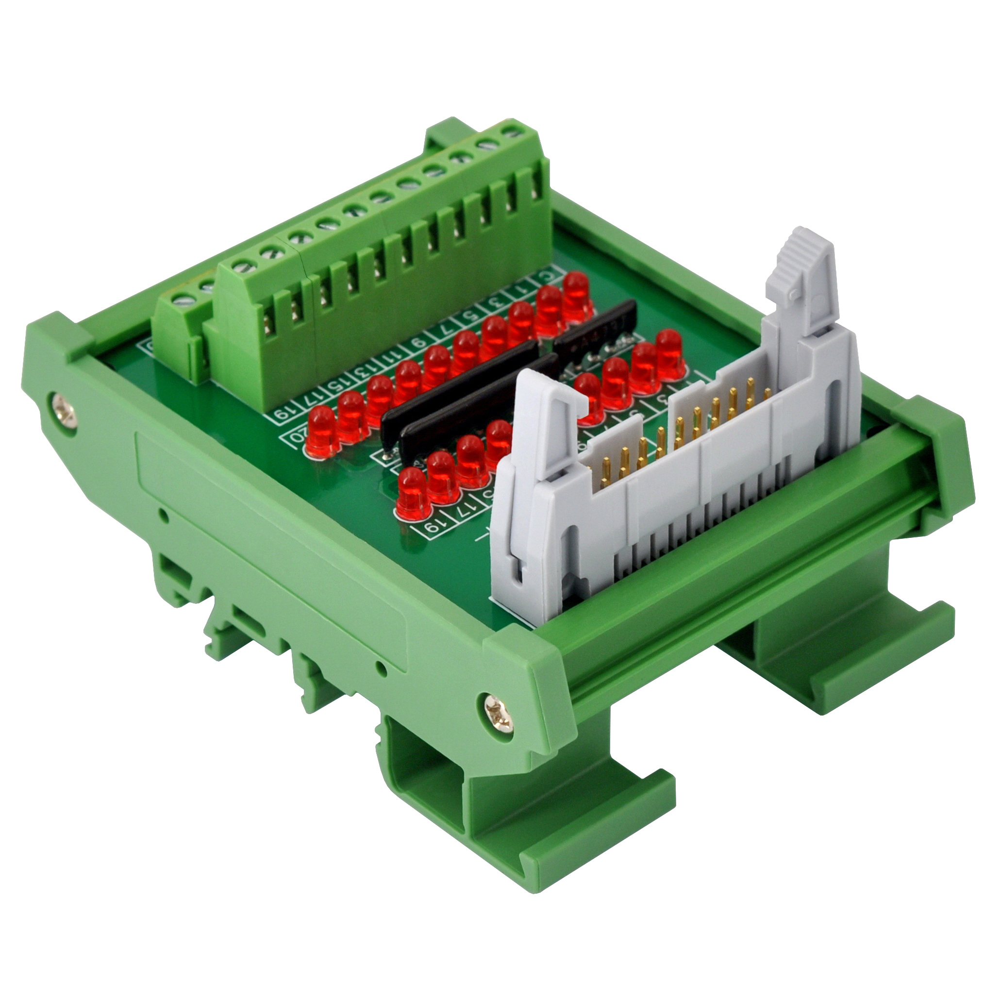 IDC20 Interface Module, COM+ with LEDs For Circuit Indication, DIN41651 Flat Ribbon Cable Breakout Board, DIN Rail Mount