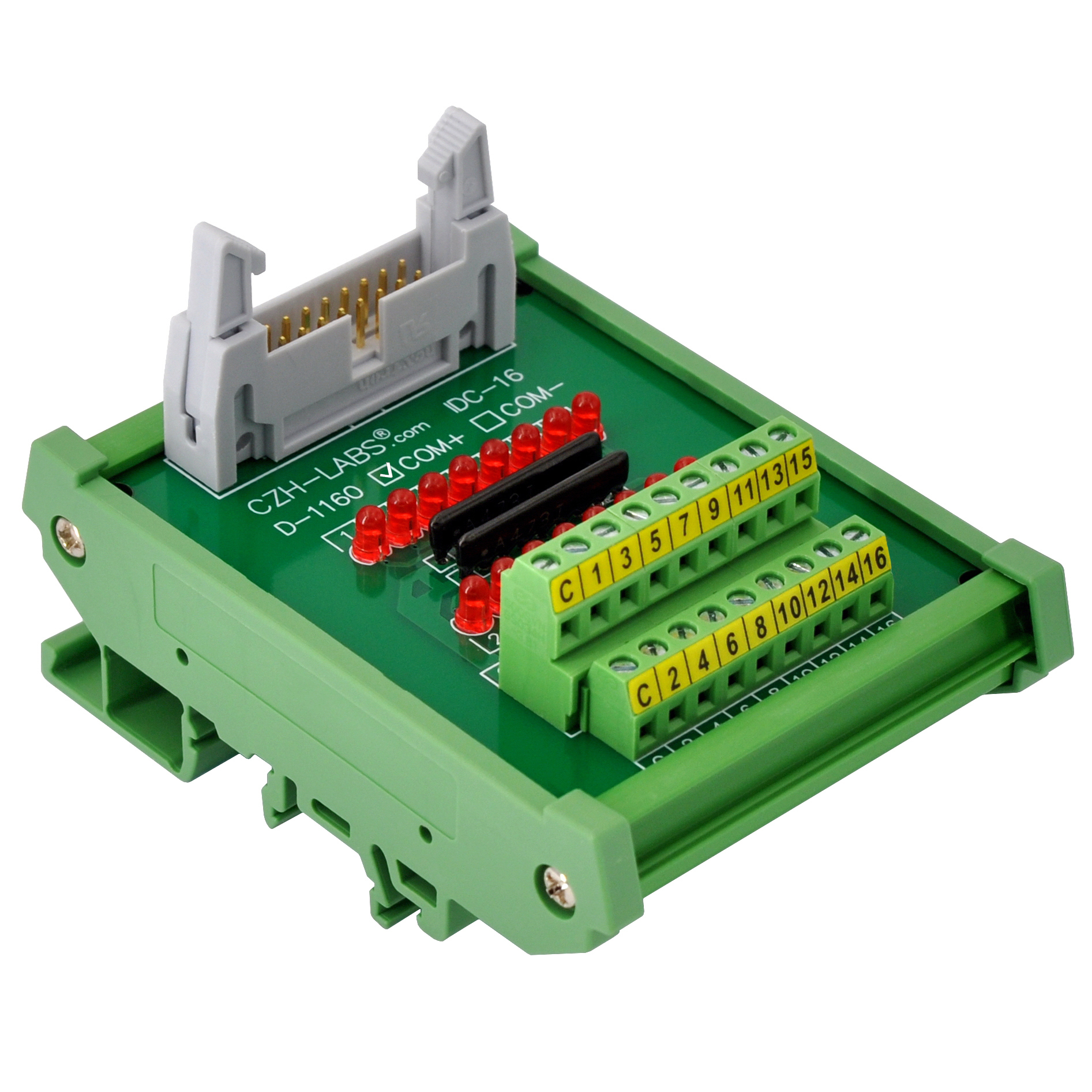 IDC16 Interface Module, COM+ with LEDs For Circuit Indication, DIN41651 Flat Ribbon Cable Breakout Board, DIN Rail Mount