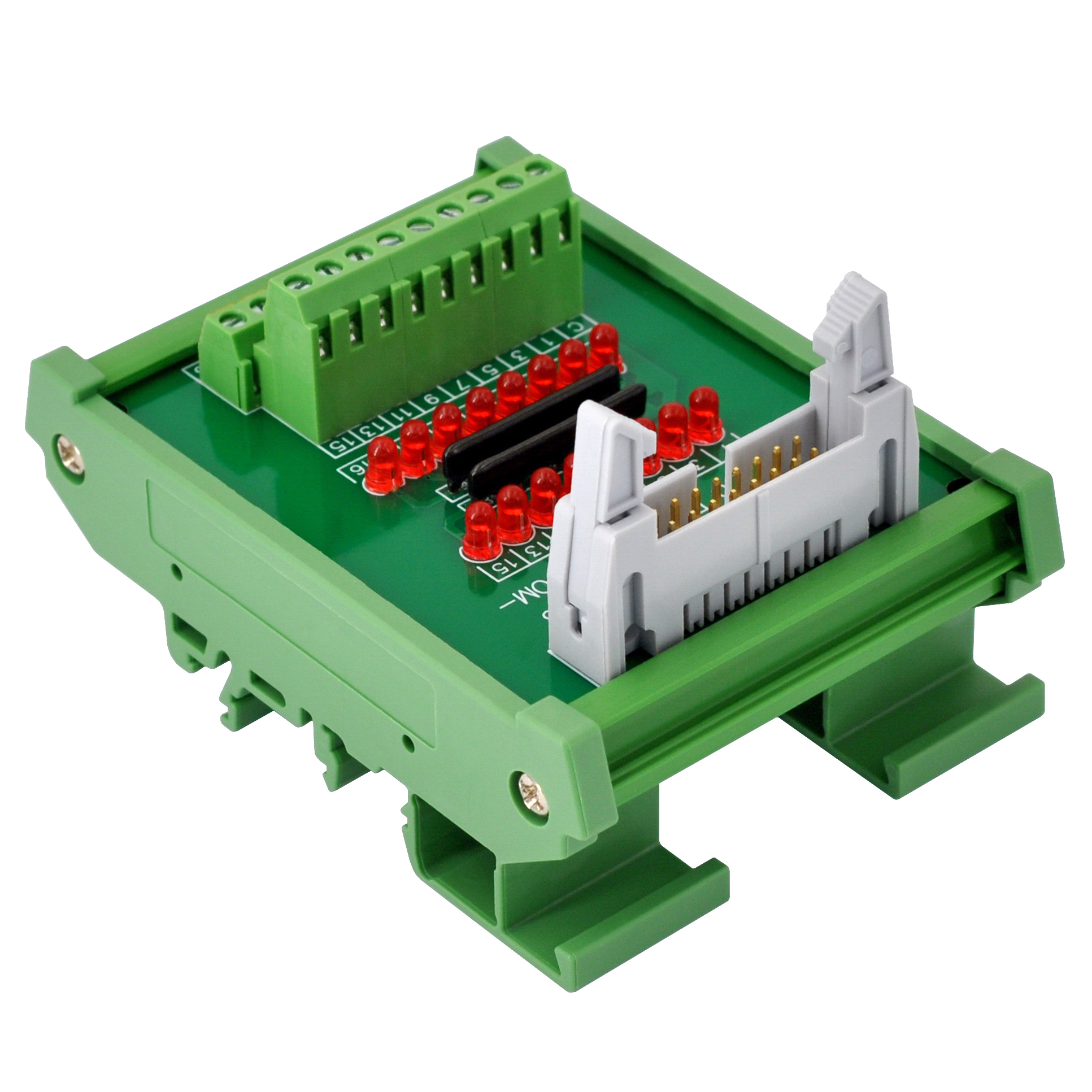 IDC16 Interface Module, COM+ with LEDs For Circuit Indication, DIN41651 Flat Ribbon Cable Breakout Board, DIN Rail Mount