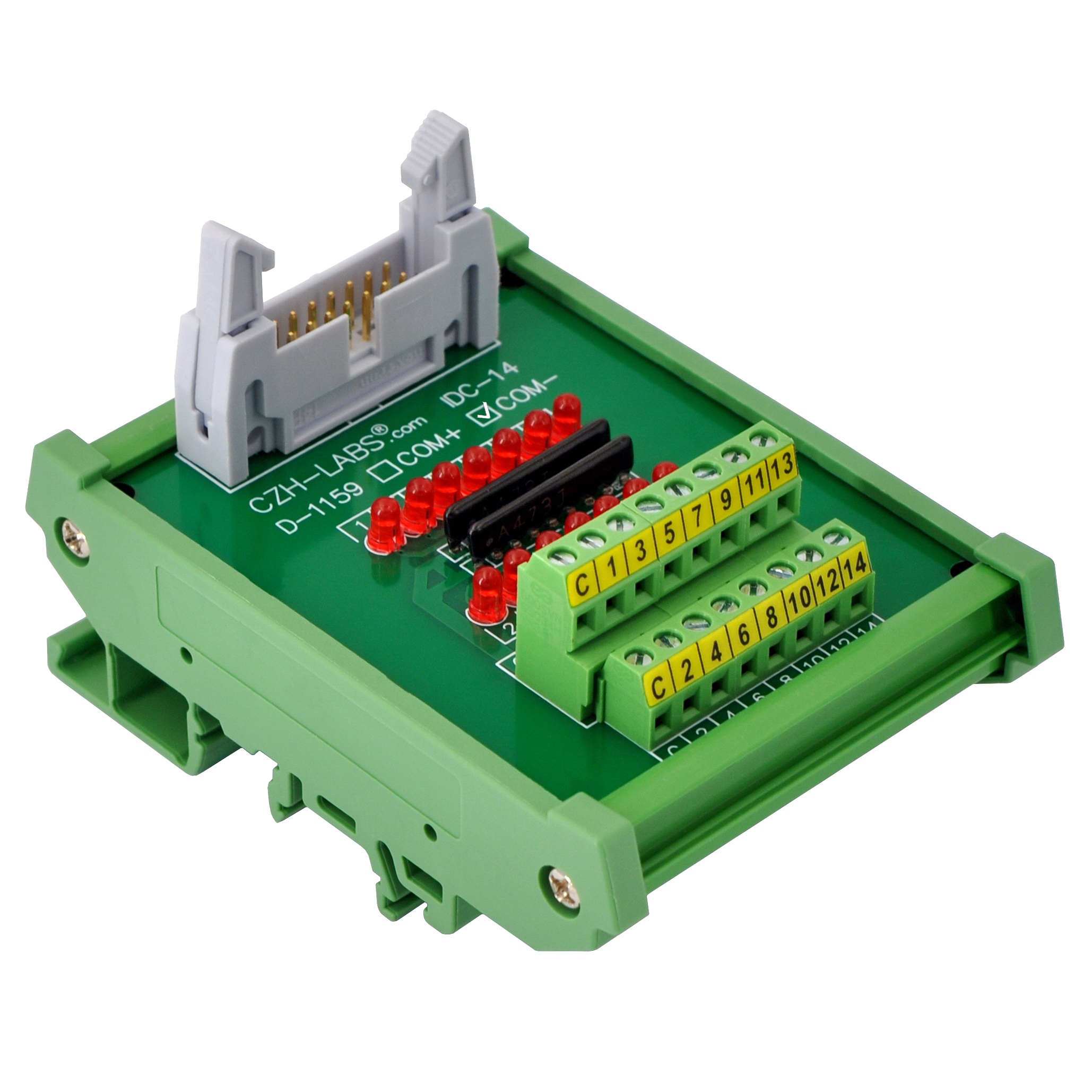 IDC14 Interface Module, COM- with LEDs For Circuit Indication, DIN41651 Flat Ribbon Cable Breakout Board, DIN Rail Mount