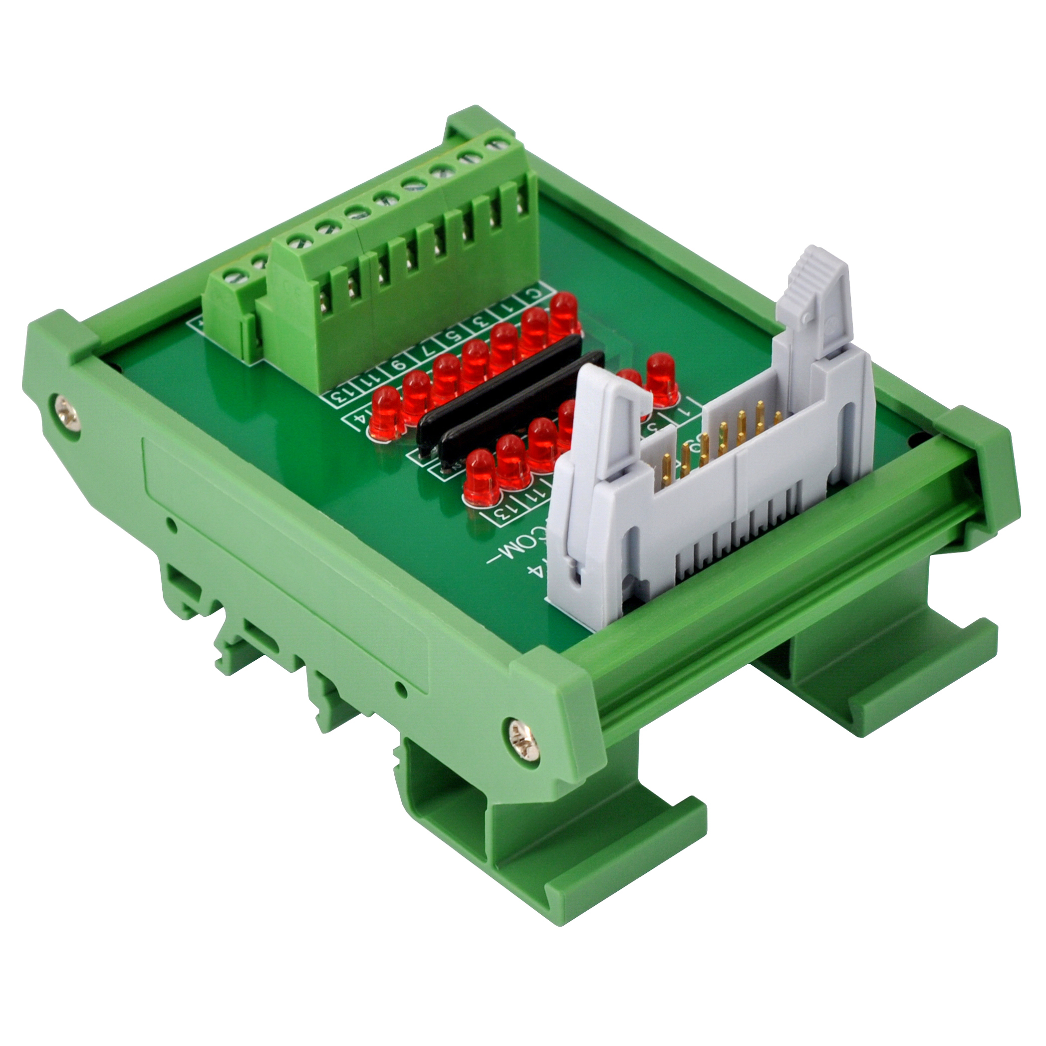 IDC14 Interface Module, COM- with LEDs For Circuit Indication, DIN41651 Flat Ribbon Cable Breakout Board, DIN Rail Mount