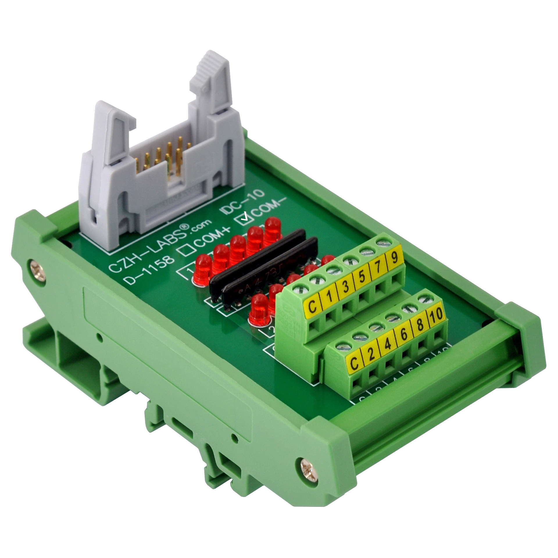 IDC10 Interface Module, COM- with LEDs For Circuit Indication, DIN41651 Flat Ribbon Cable Breakout Board, DIN Rail Mount