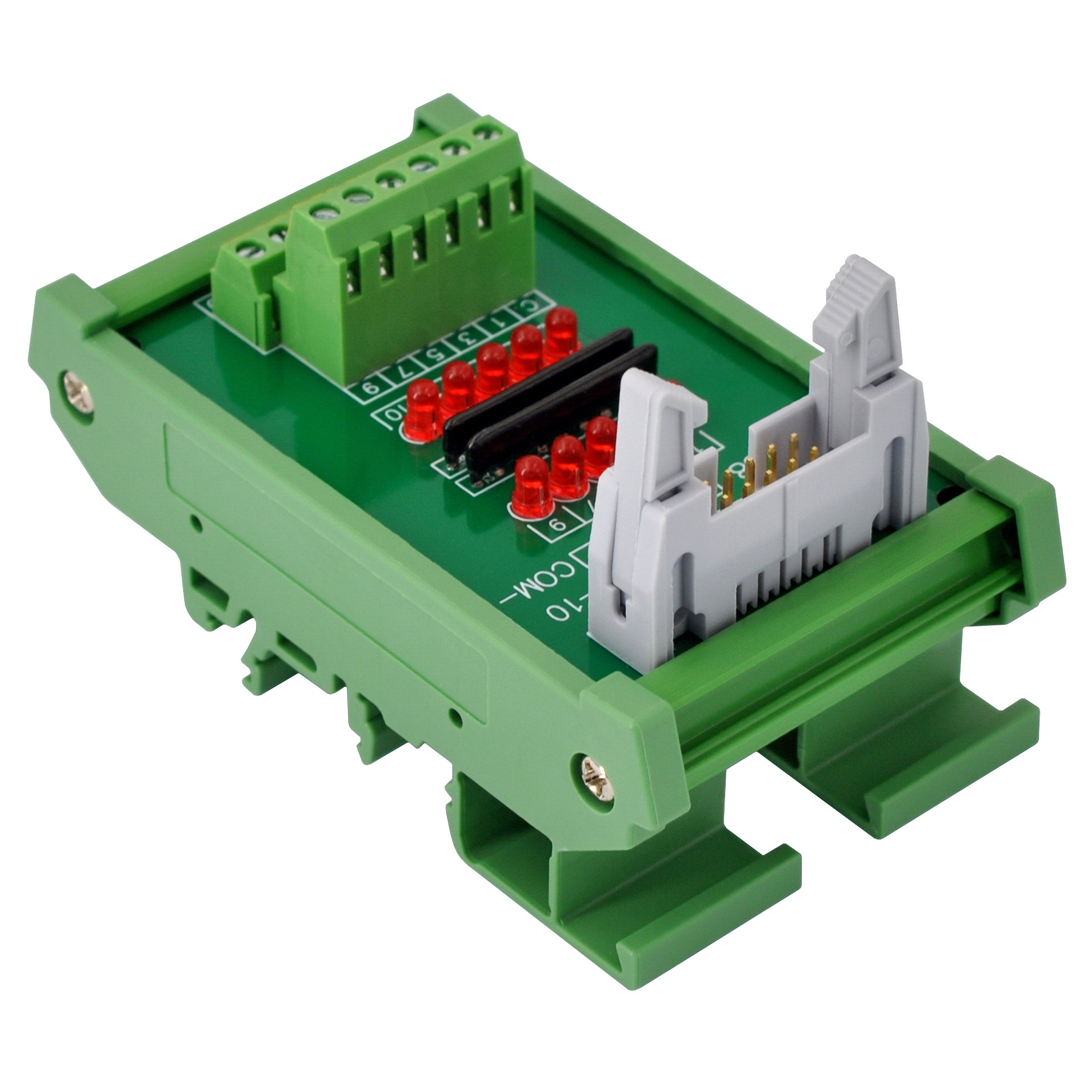 IDC10 Interface Module, COM- with LEDs For Circuit Indication, DIN41651 Flat Ribbon Cable Breakout Board, DIN Rail Mount