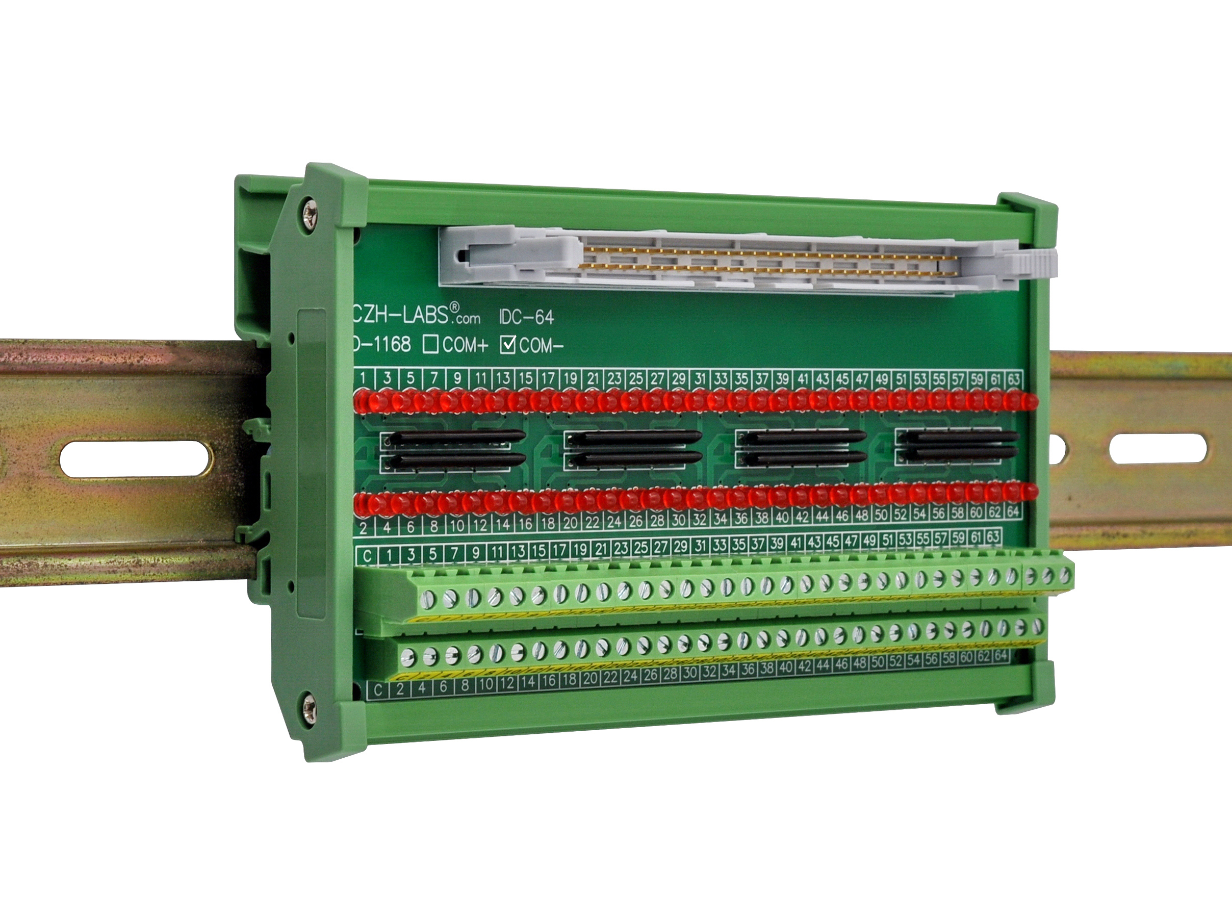 IDC64 Interface Module, COM- with LEDs For Circuit Indication, DIN41651 Flat Ribbon Cable Breakout Board, DIN Rail Mount