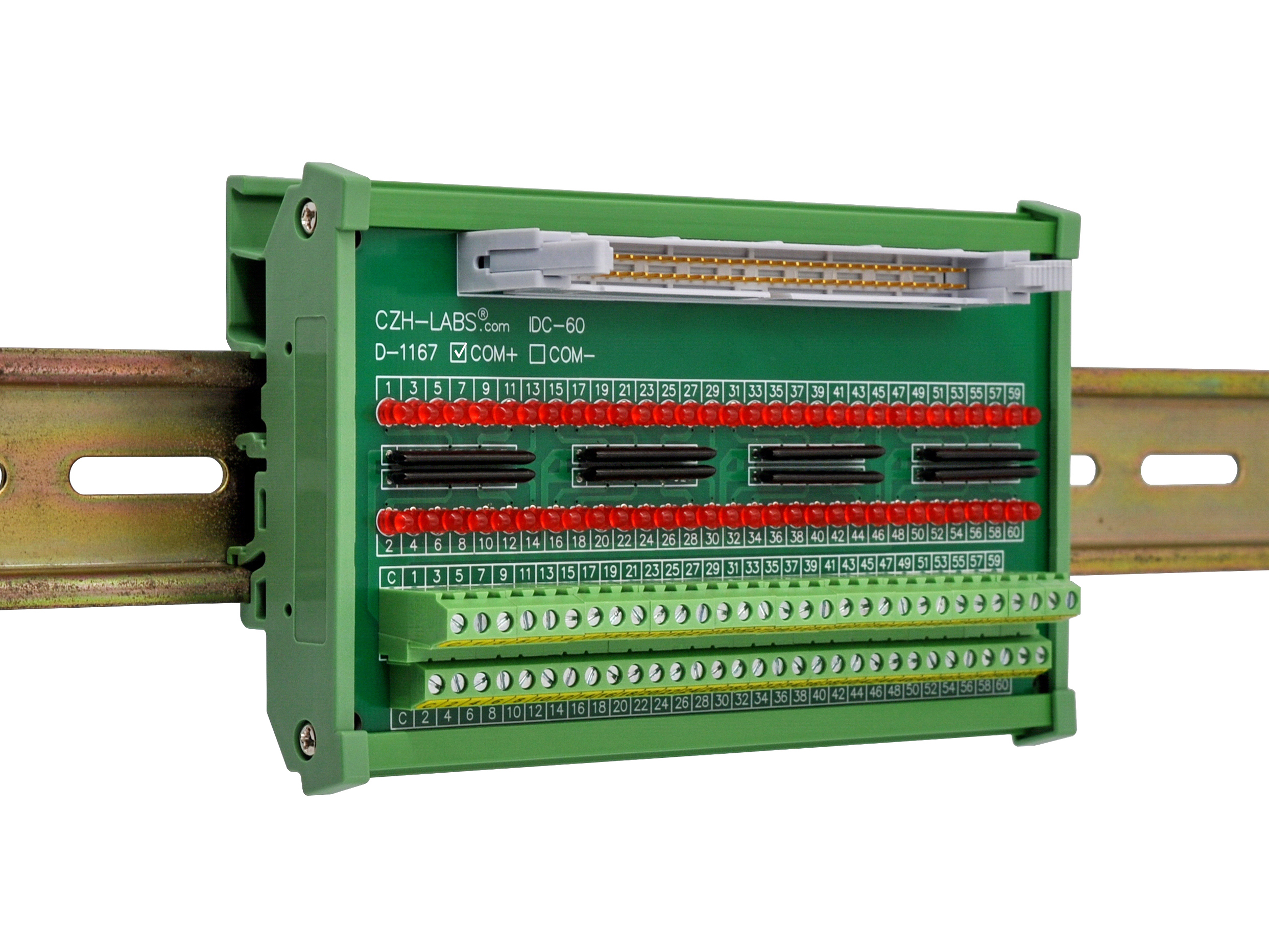 IDC60 Interface Module, COM+ with LEDs For Circuit Indication, DIN41651 Flat Ribbon Cable Breakout Board, DIN Rail Mount