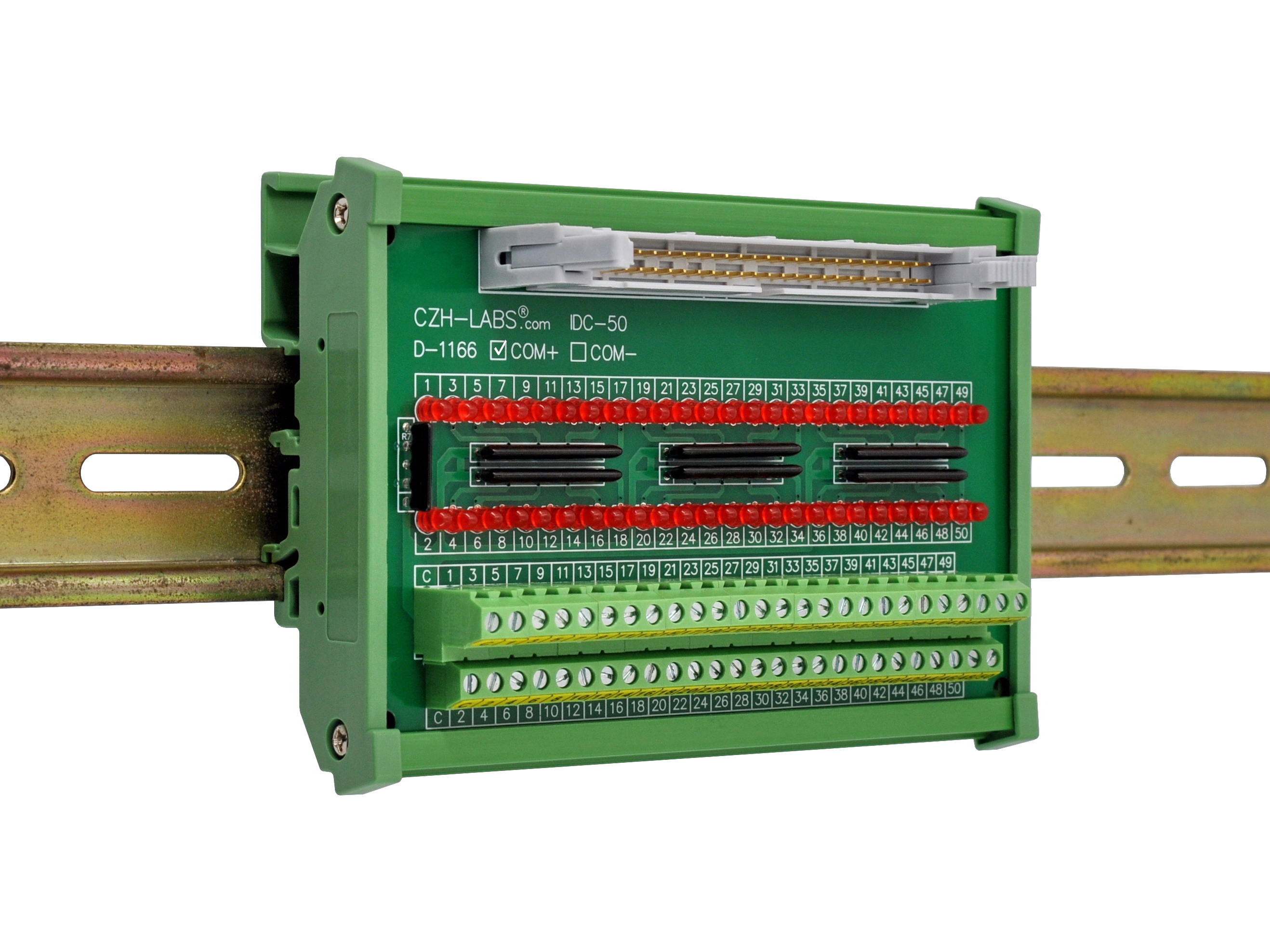 IDC50 Interface Module, COM+ with LEDs For Circuit Indication, DIN41651 Flat Ribbon Cable Breakout Board, DIN Rail Mount
