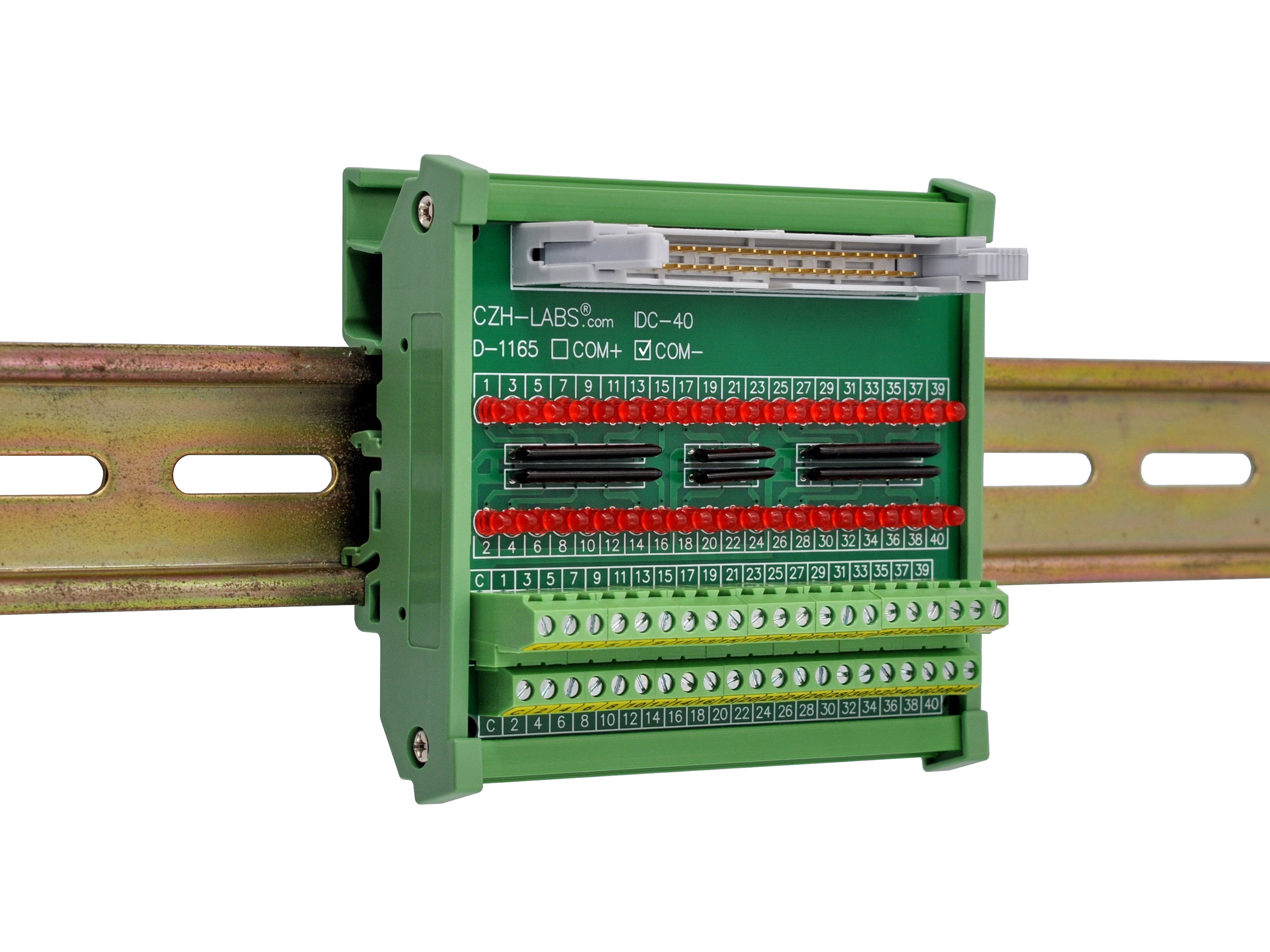IDC40 Interface Module, COM- with LEDs For Circuit Indication, DIN41651 Flat Ribbon Cable Breakout Board, DIN Rail Mount