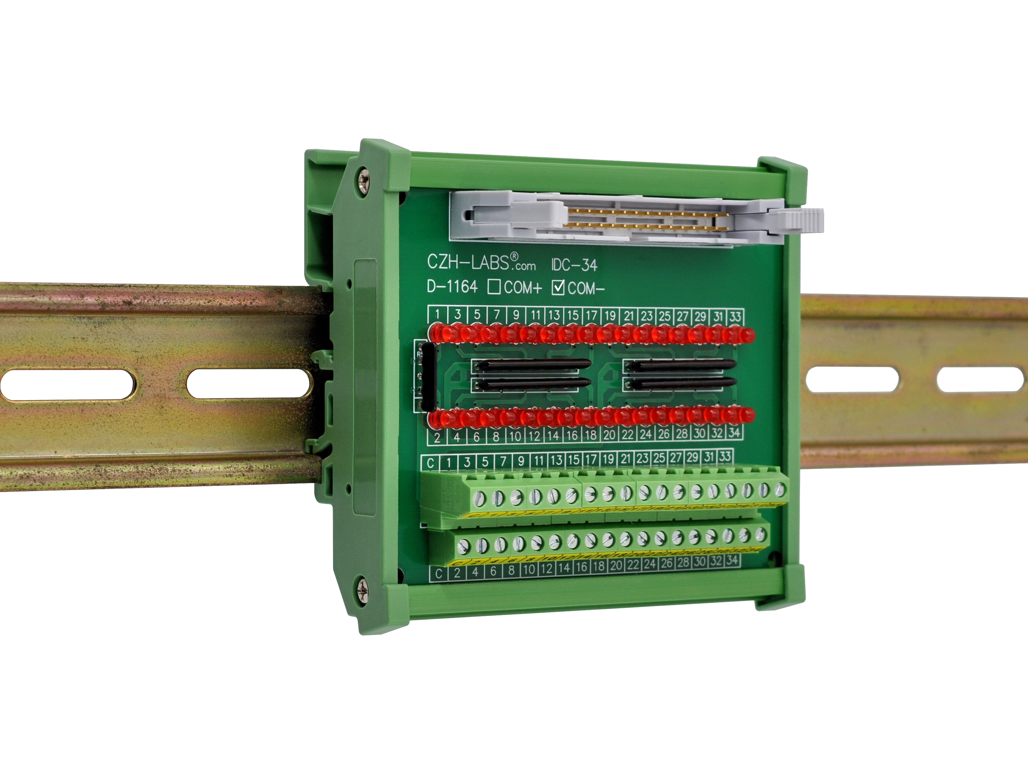 IDC34 Interface Module, COM- with LEDs For Circuit Indication, DIN41651 Flat Ribbon Cable Breakout Board, DIN Rail Mount