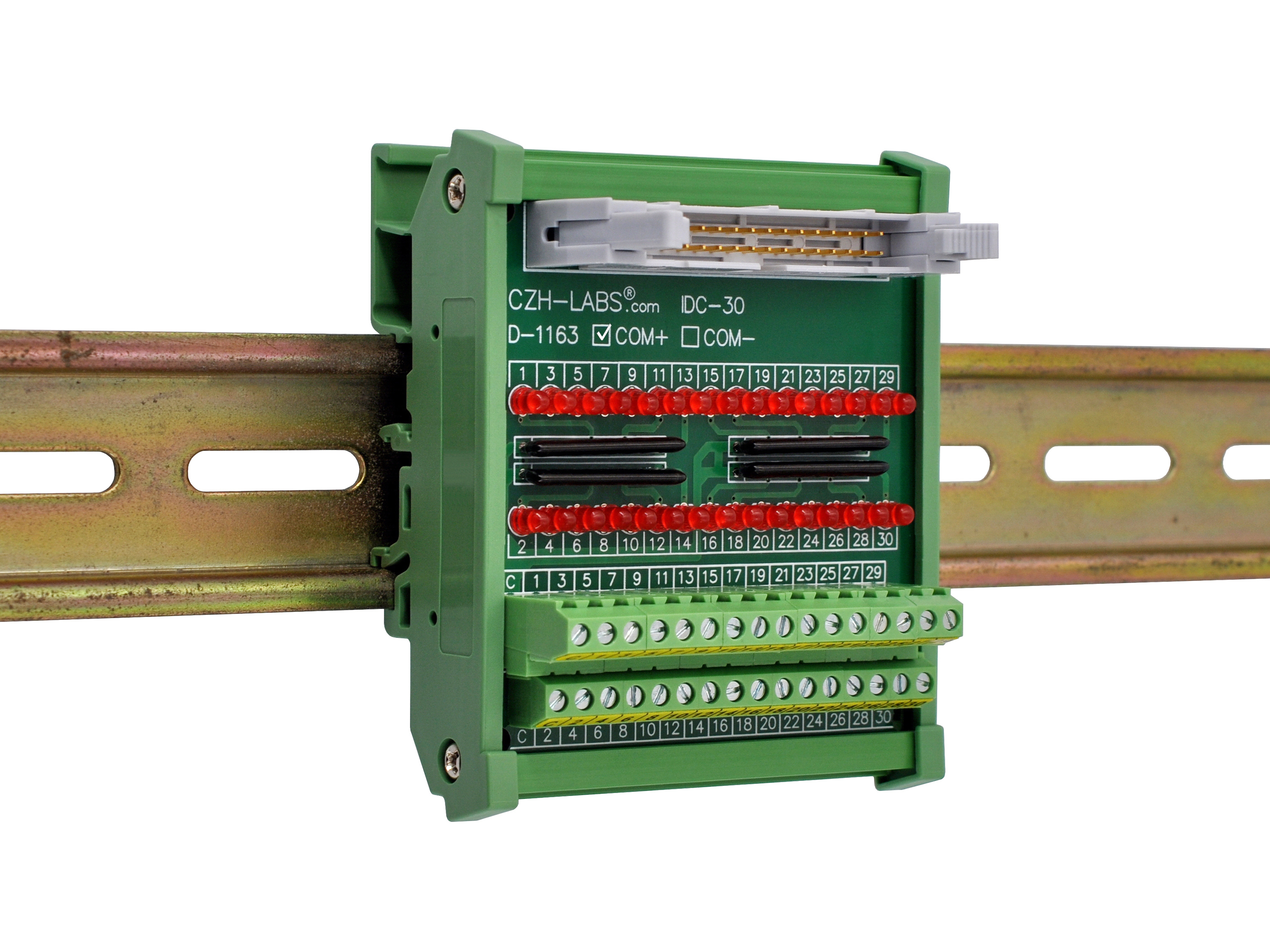 IDC30 Interface Module, COM+ with LEDs For Circuit Indication, DIN41651 Flat Ribbon Cable Breakout Board, DIN Rail Mount