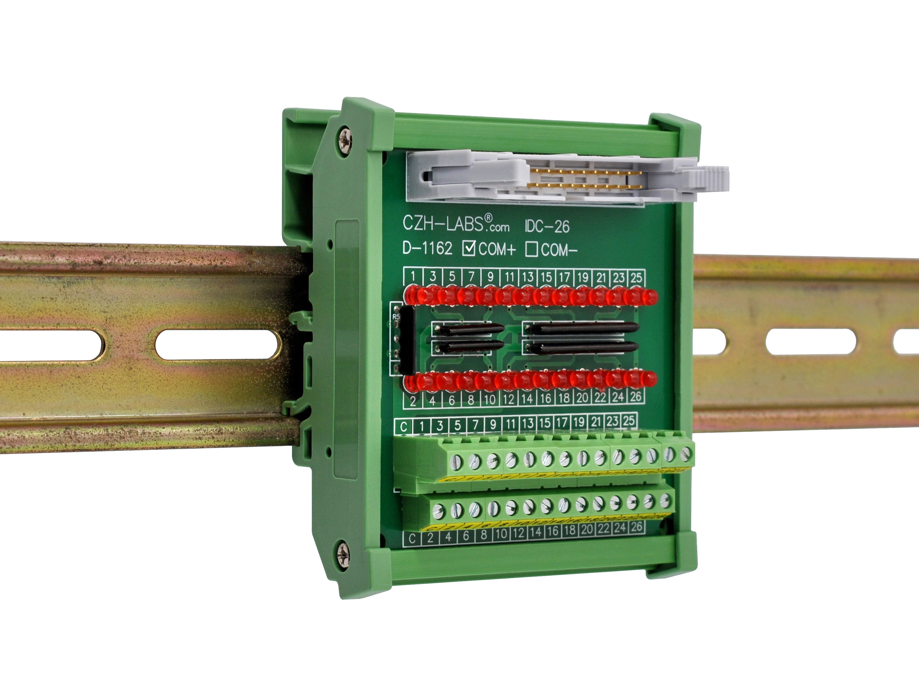 IDC26 Interface Module, COM+ with LEDs For Circuit Indication, DIN41651 Flat Ribbon Cable Breakout Board, DIN Rail Mount
