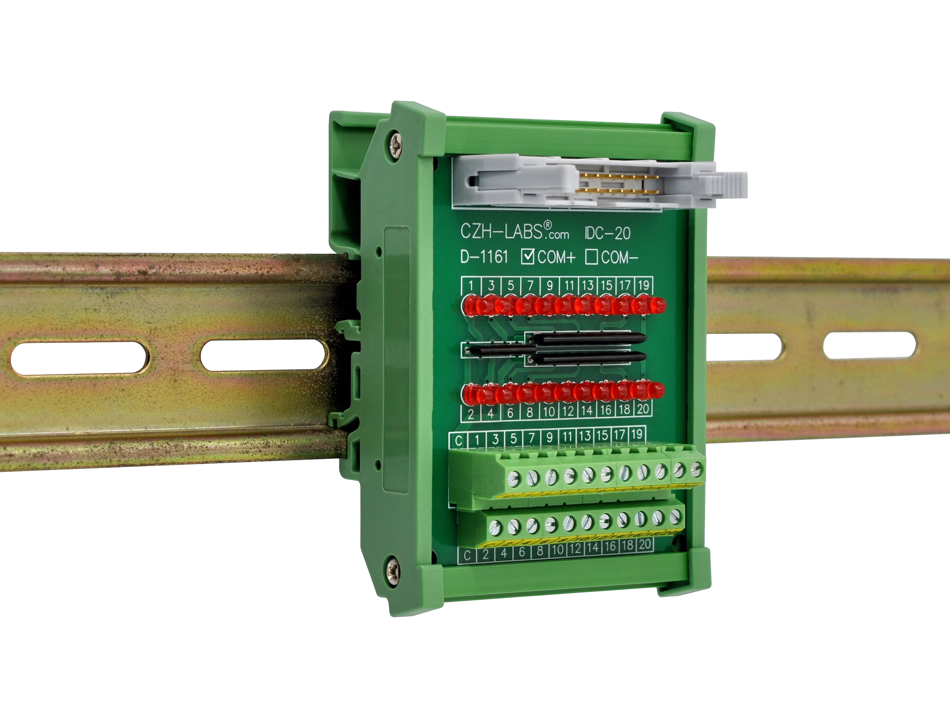 IDC20 Interface Module, COM+ with LEDs For Circuit Indication, DIN41651 Flat Ribbon Cable Breakout Board, DIN Rail Mount