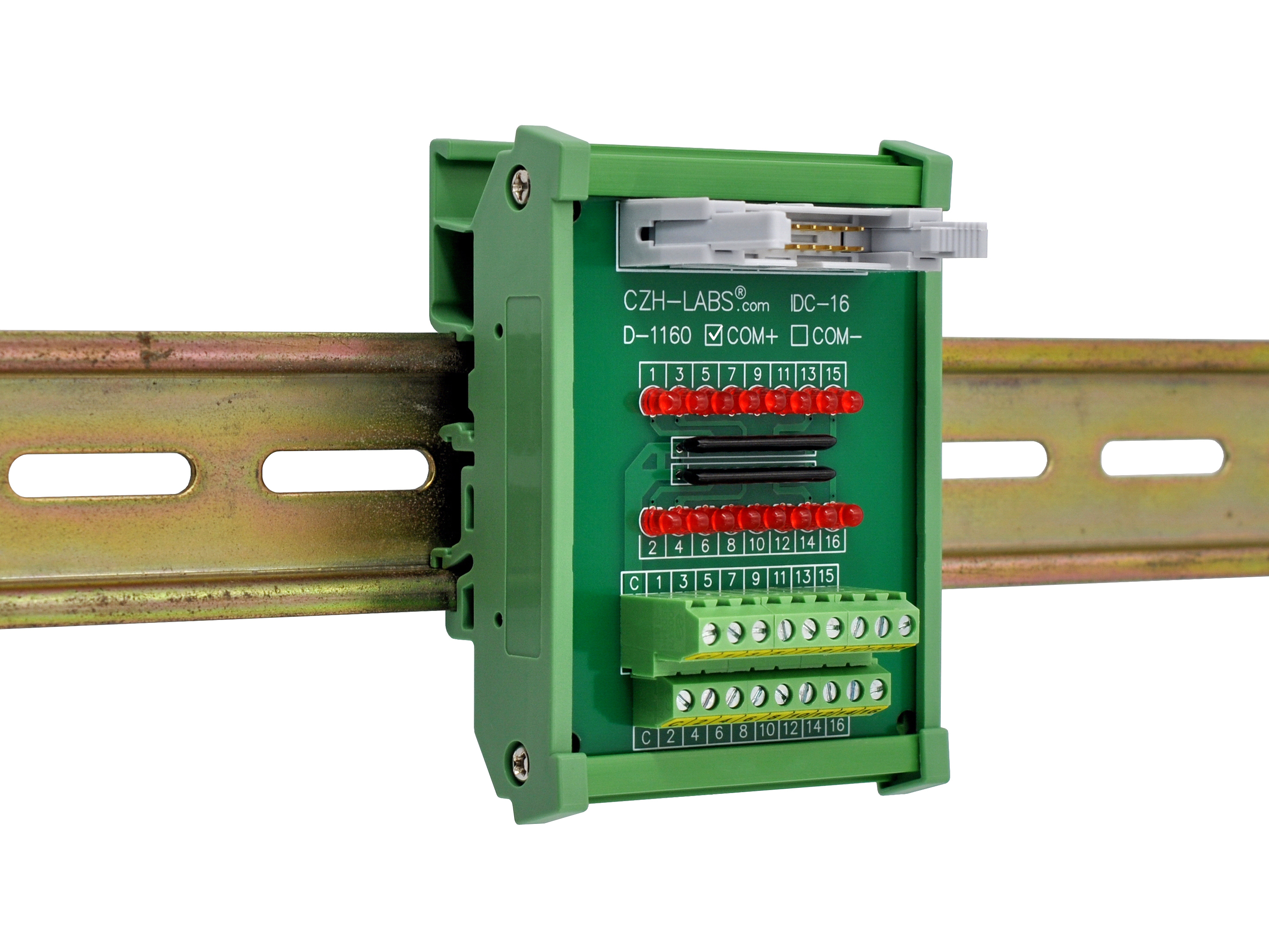IDC16 Interface Module, COM+ with LEDs For Circuit Indication, DIN41651 Flat Ribbon Cable Breakout Board, DIN Rail Mount