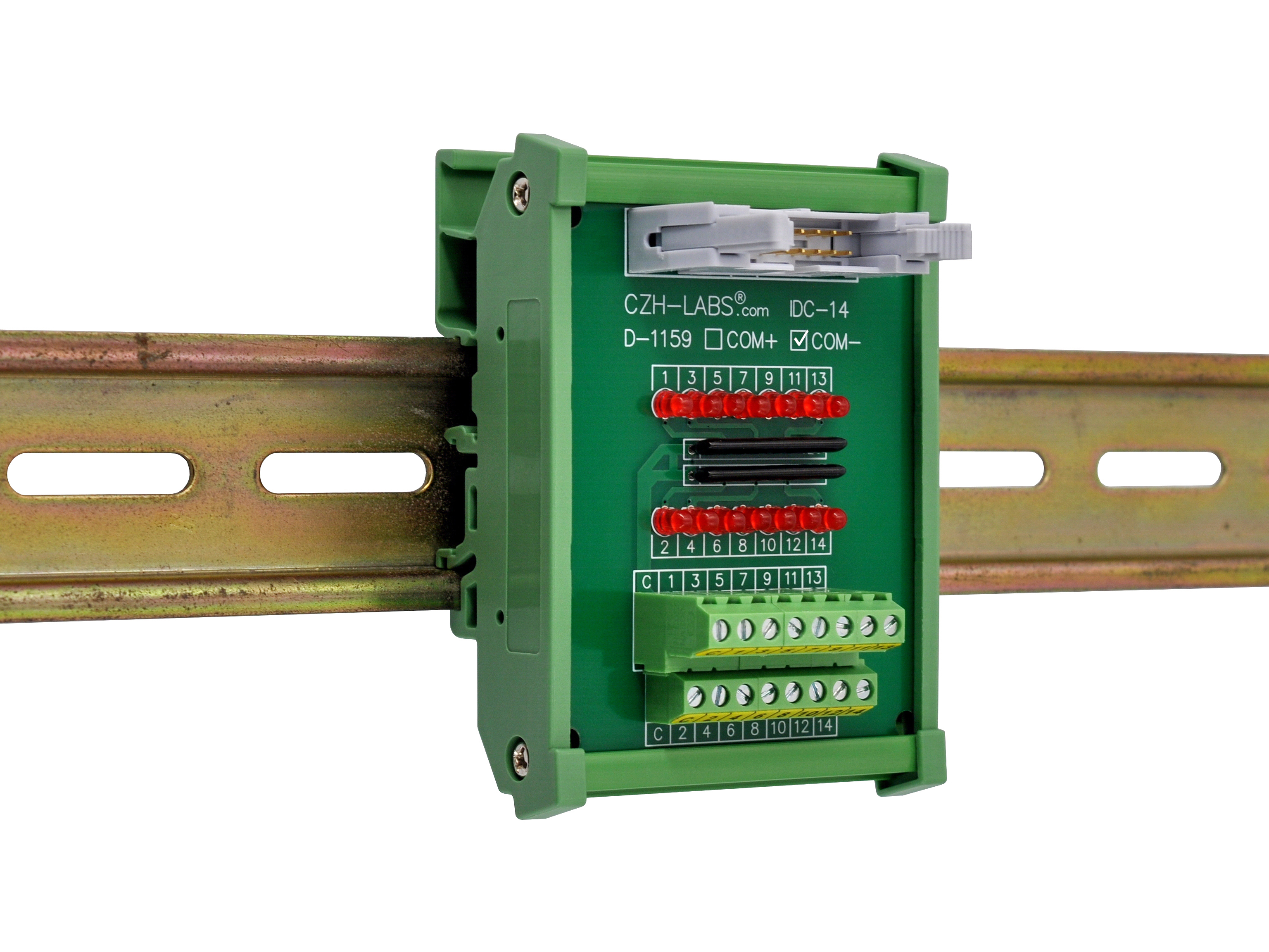 IDC14 Interface Module, COM- with LEDs For Circuit Indication, DIN41651 Flat Ribbon Cable Breakout Board, DIN Rail Mount