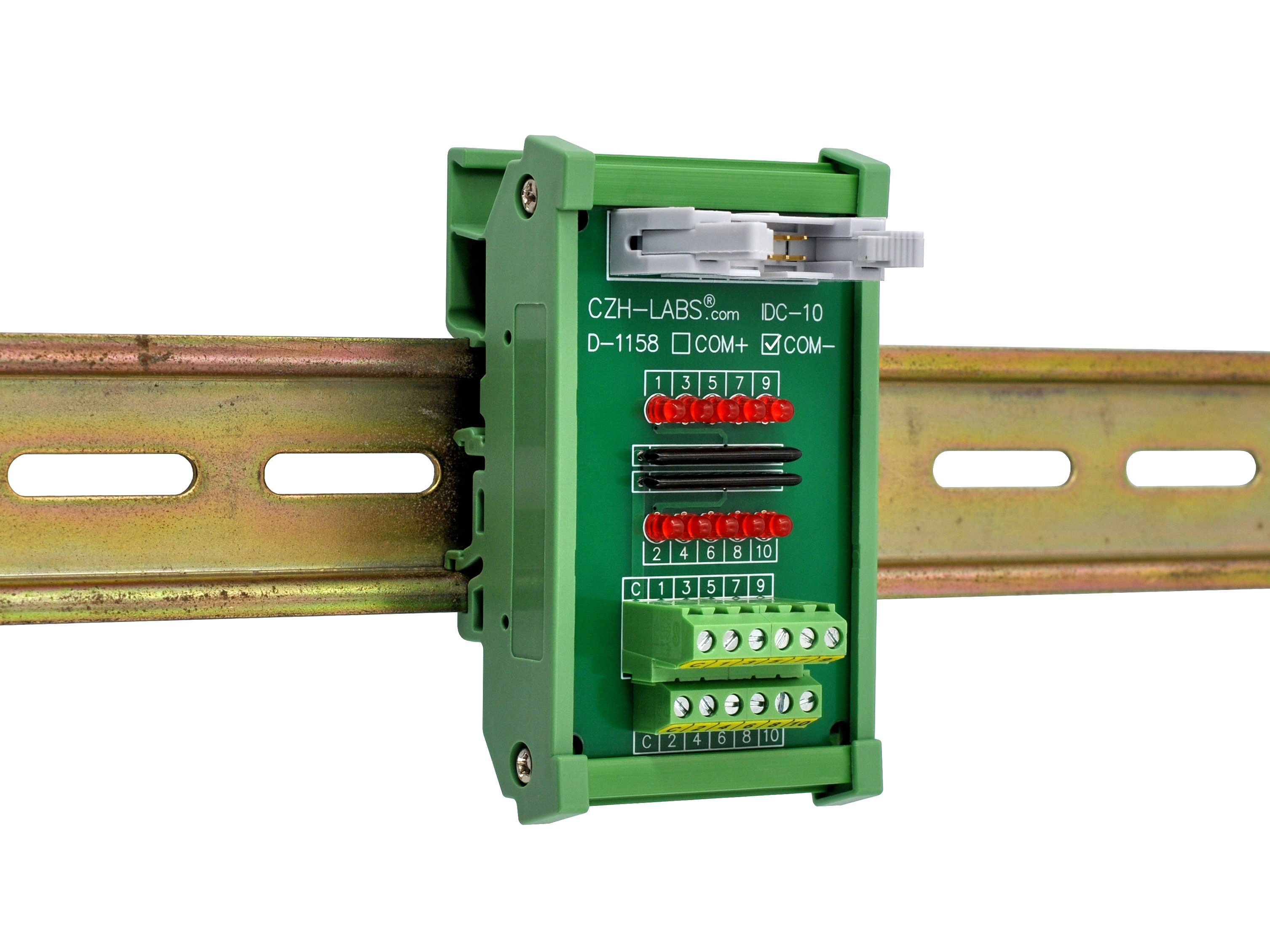 IDC10 Interface Module, COM- with LEDs For Circuit Indication, DIN41651 Flat Ribbon Cable Breakout Board, DIN Rail Mount