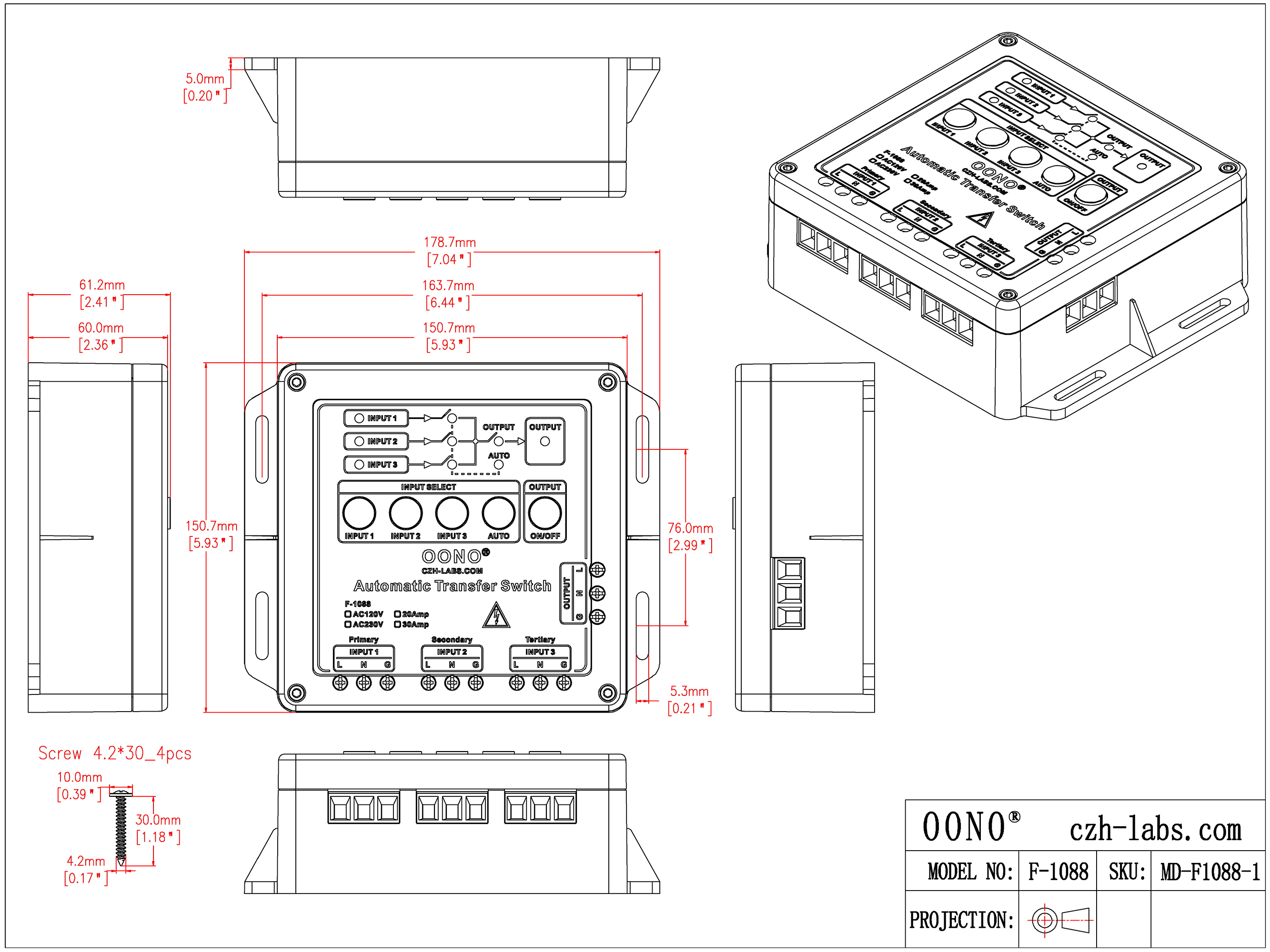 AC Automatic Transfer Switch, 3 Input Source 85 - 265VAC 30 Amp, F-1088/30A