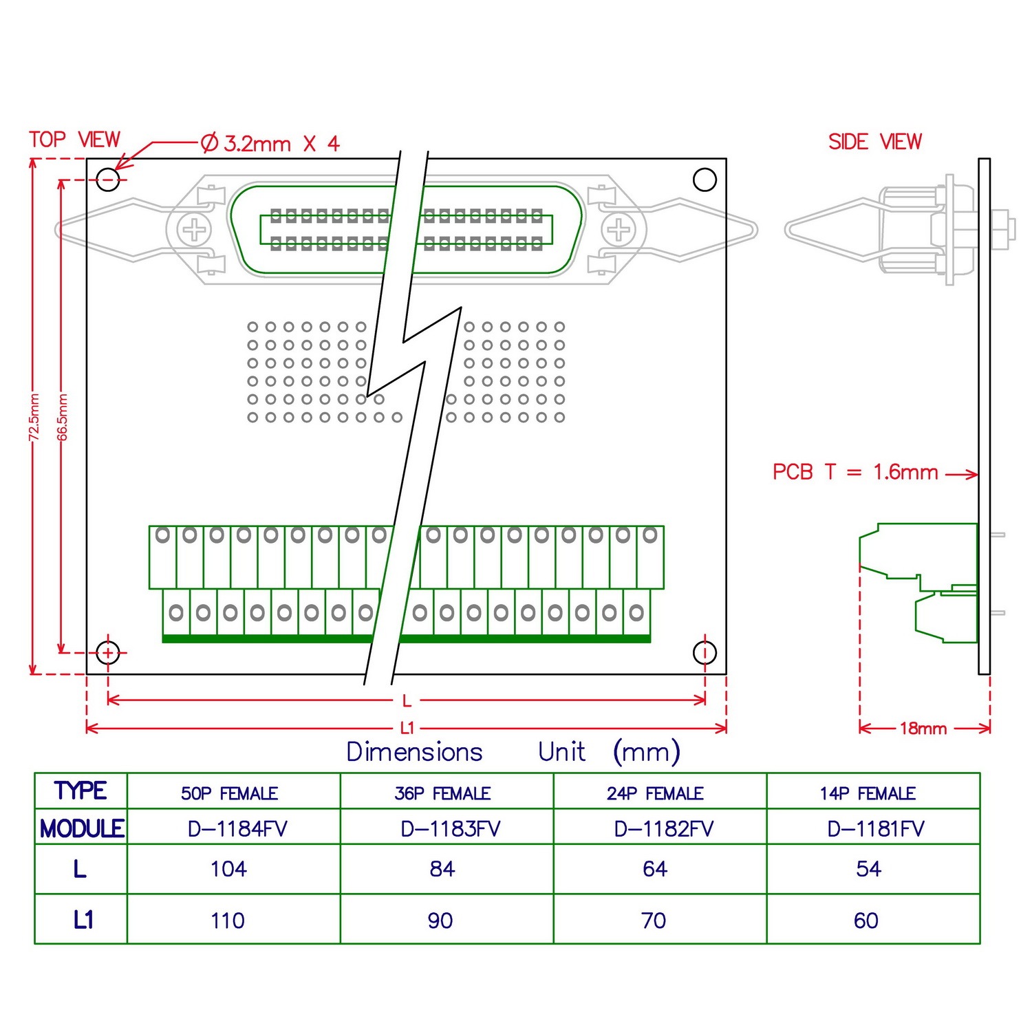 CZH-LABS 36-Pin 0.085" Centronics Vertical Female Ribbon Connector Screw Terminal Block Breakout Board.