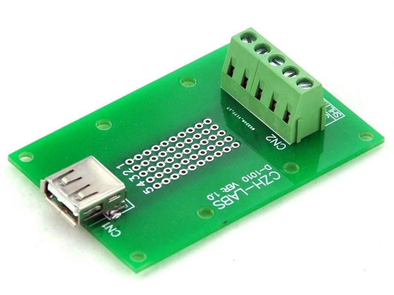 CZH-LABS USB Type A Female Right Angle Jack Breakout Board, Terminal Block Connector.