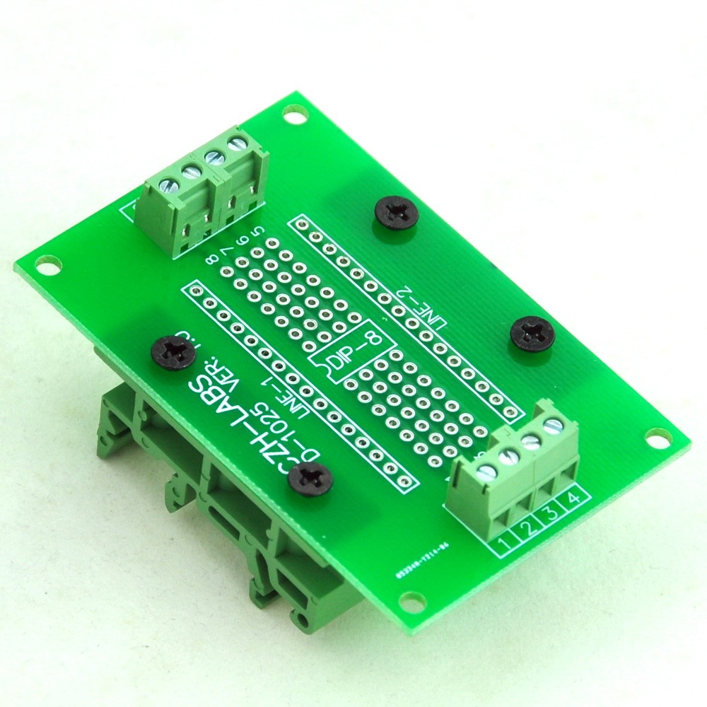 DIP-8 Component to Screw Terminal Adapter PCB, w/Simple DIN Rail Mount Bracket.