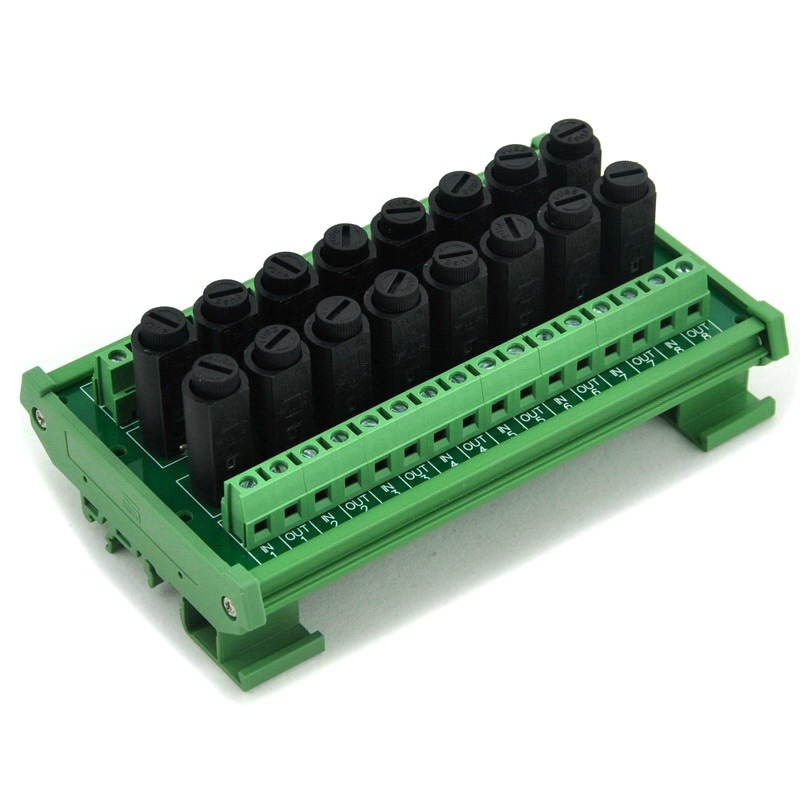 Electronics-Salon 16 Channel Fuse Interface Module, Din Rail Mount, for 5x20mm Tube Fuse.