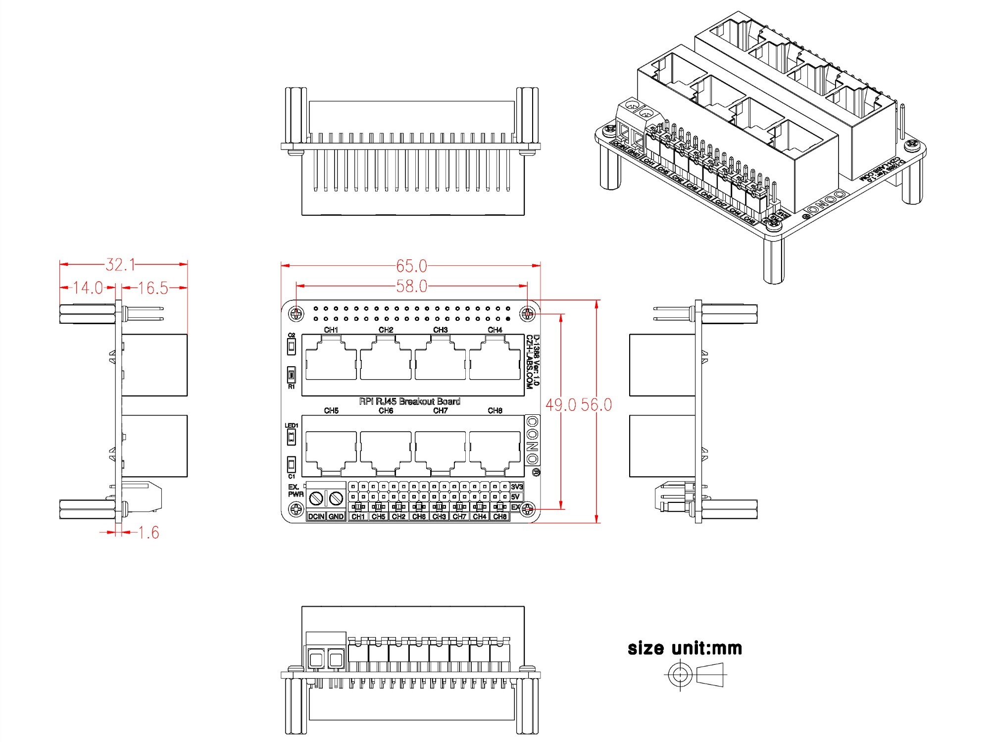 RJ45 GPIO Pinout Breakout Board for Raspberry Pi 1A+ 1B+ 2B 3B 3B+ 3A+ 4B Zero-W