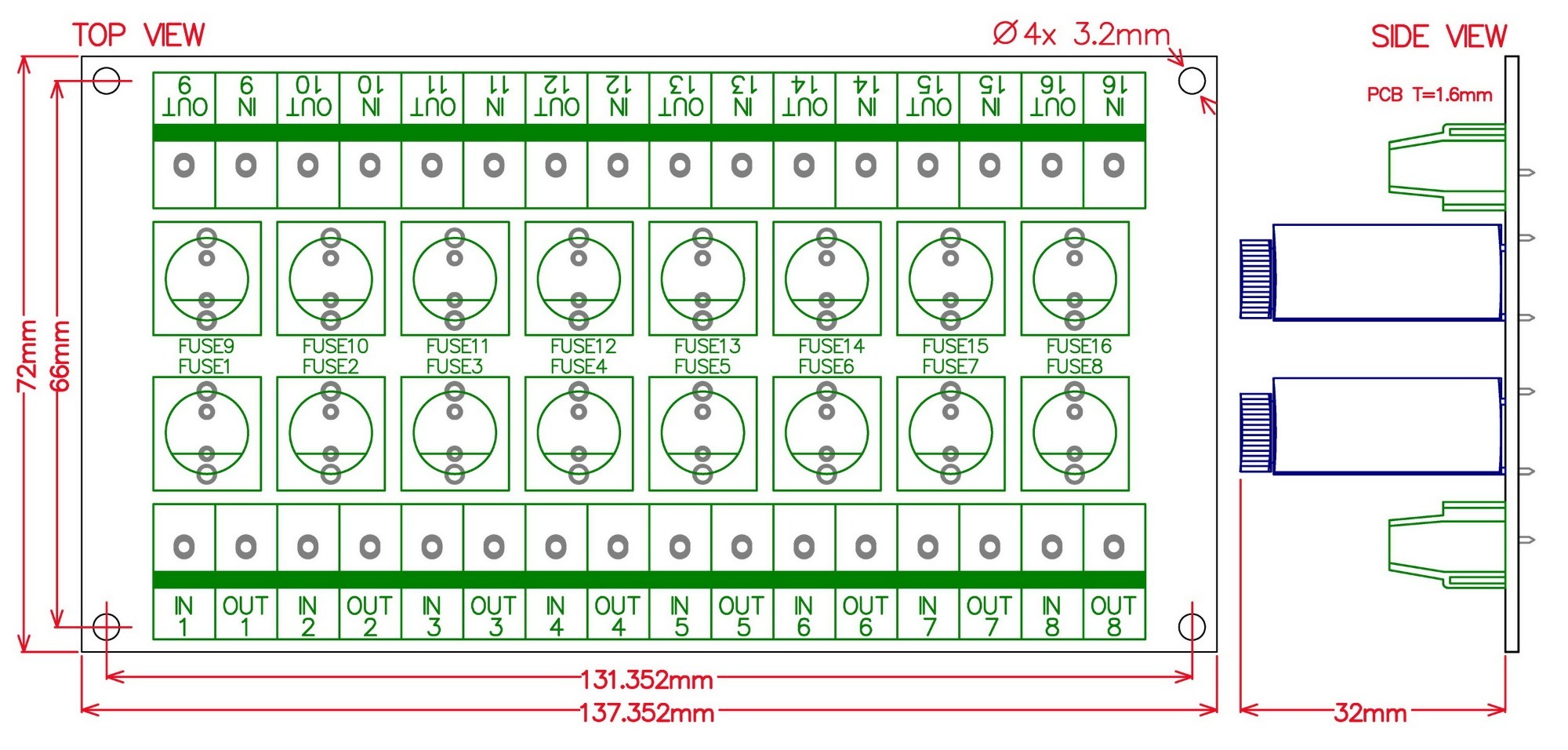 Electronics-Salon 16 Channel Fuse Interface Module, Din Rail Mount, for 5x20mm Tube Fuse.