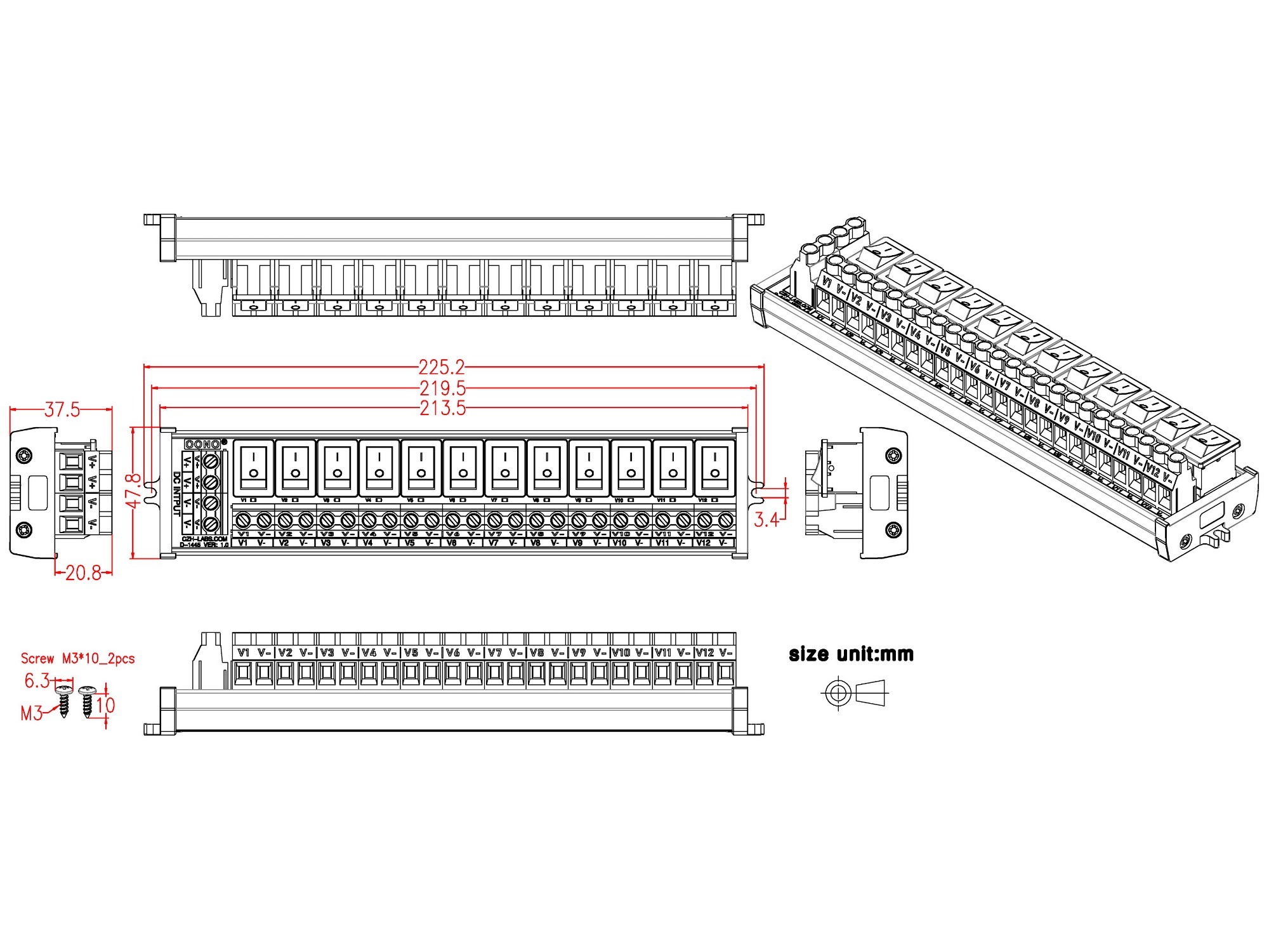 Screw Mount 12 Channel Rocker Switch DC Power Distribution Strip Module
