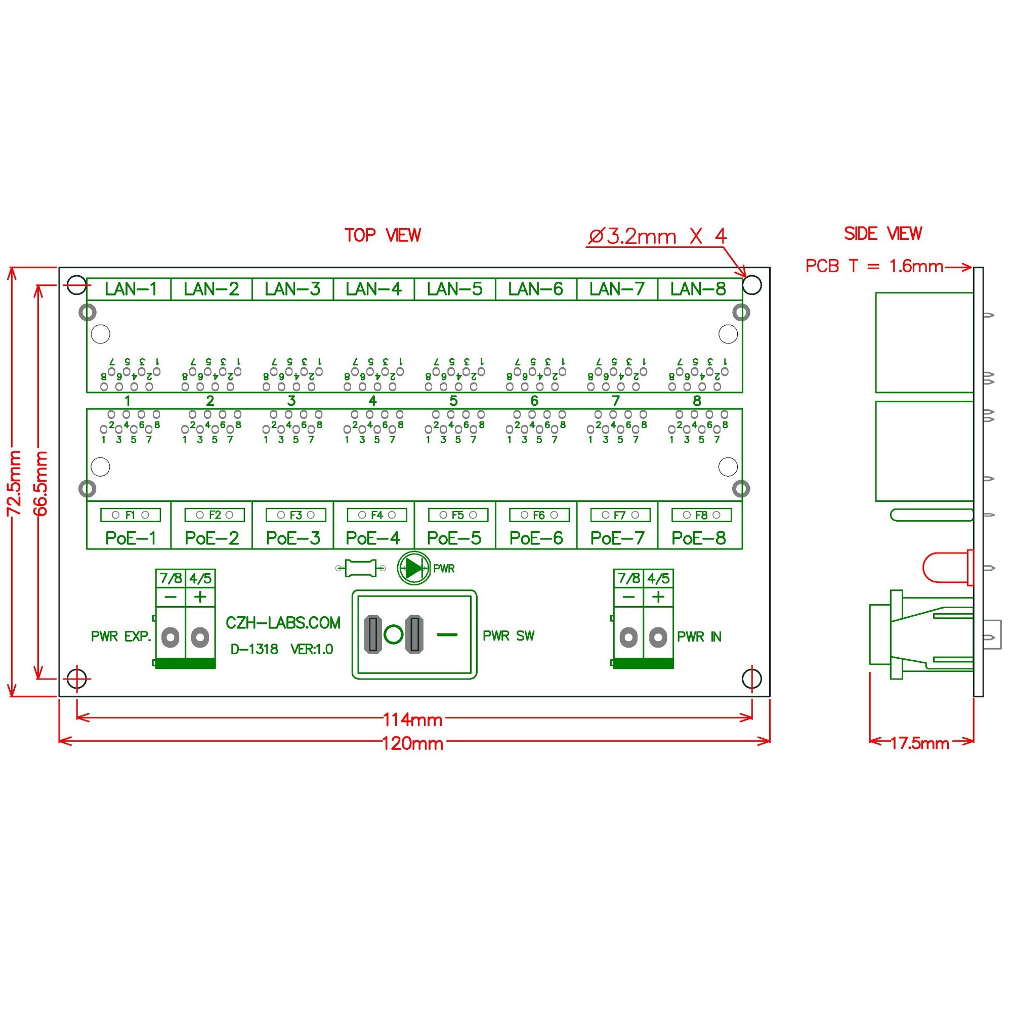 CZH-LABS 8 Ports Passive RJ45 PoE Power Injection Board, Power Over Ethernet Injector Module.