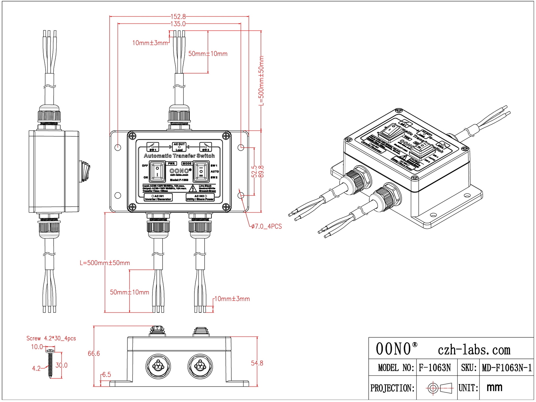 Manual and Automatic Transfer Switch, AC120V 15A ATS Auto Transfer Switch