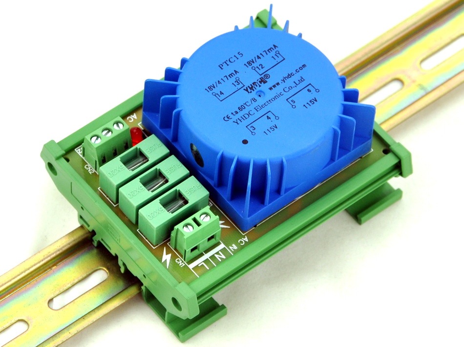 CZH P 230VAC, S 2x 18VAC, 15VA DIN Rail Mount Toroidal Power Transformer Module.
