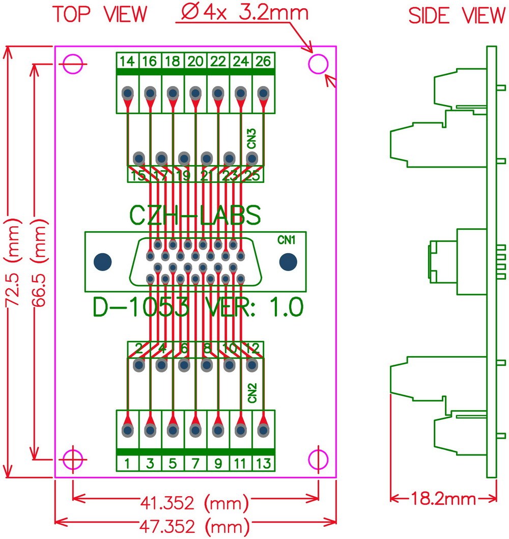 CZH-LABS 26-pin Half-Pitch/0.05" D-SUB Female Breakout Board, DSUB, SCSI, Terminal Module.