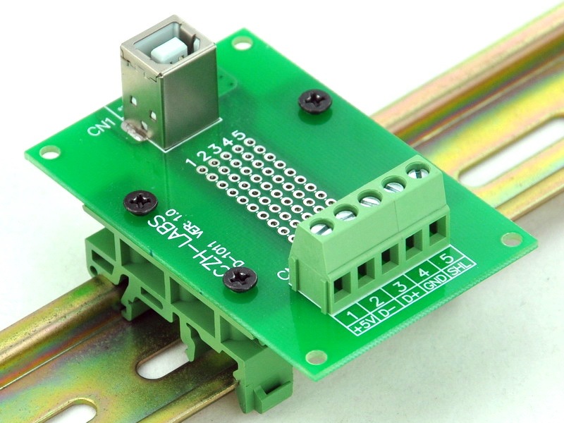 CZH-LABS USB Type B Female Vertical Jack Breakout Board, w/Simple DIN Rail Mount Feet.