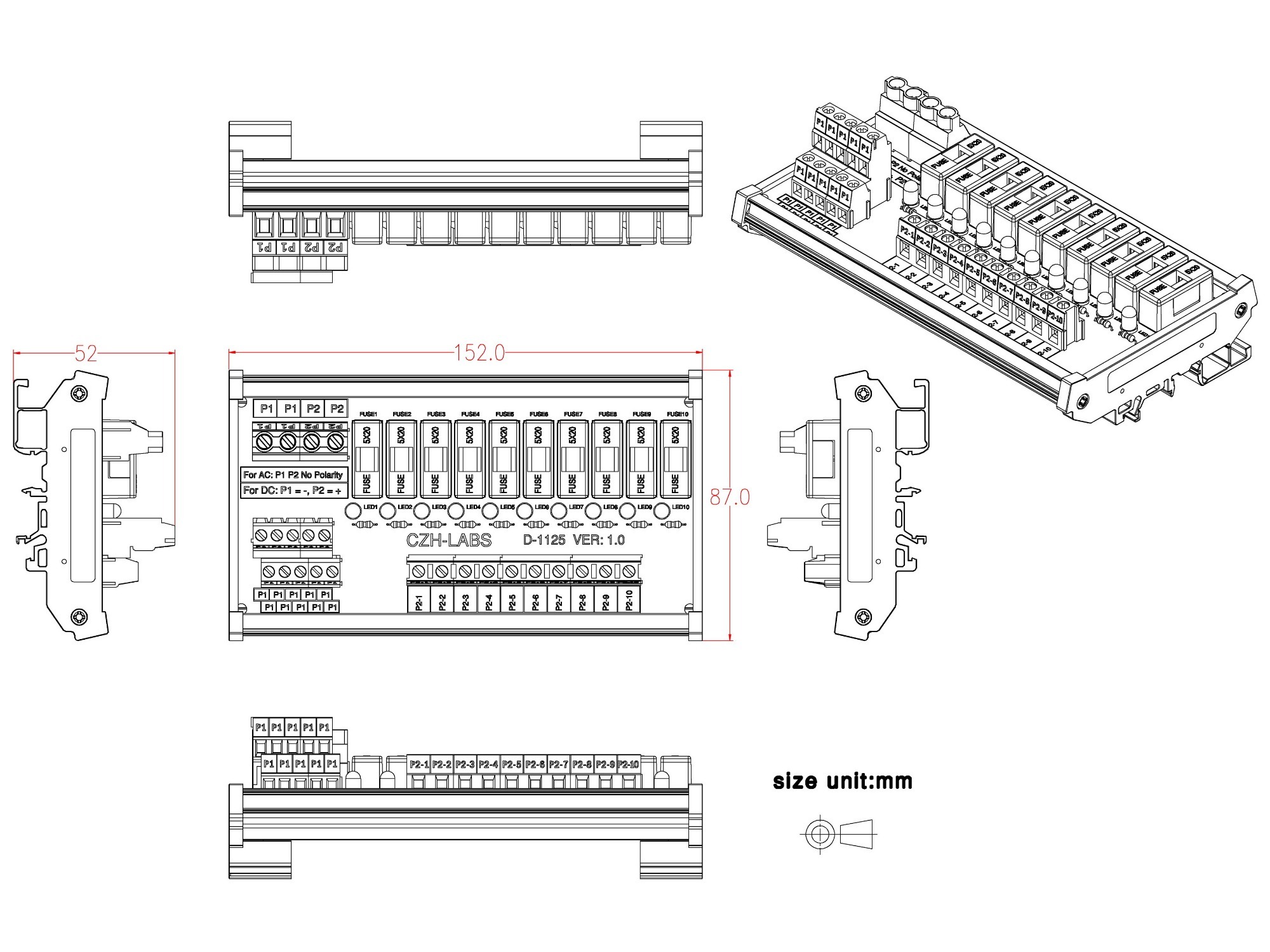 CZH-LABS DIN Rail Mount 80~140VAC 10 Position Power Distribution Fuse Module Board.