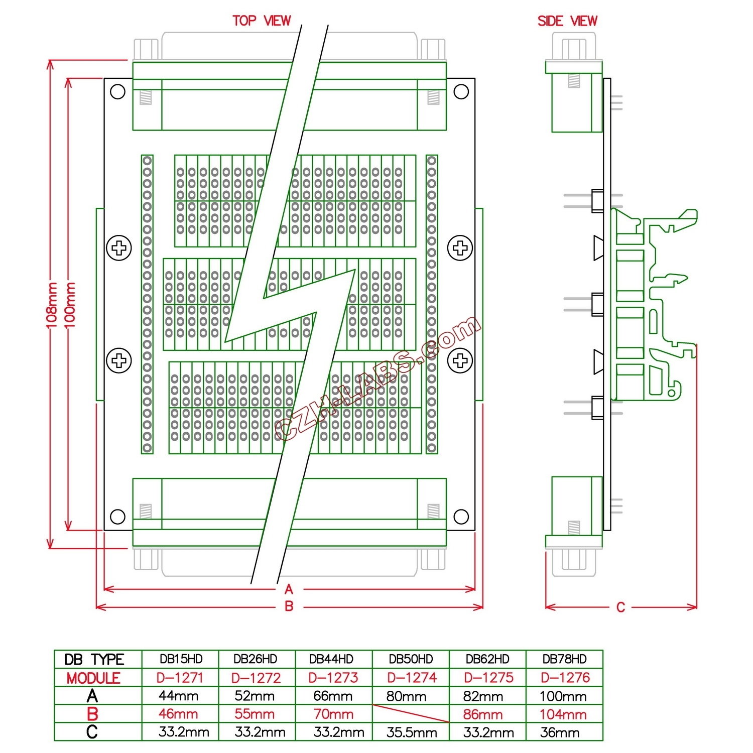 CZH-LABS DIN Rail Mount D'sub DB50 Diagnostic Test Breakout Board, DSUB DB50 Connector Male to Female.