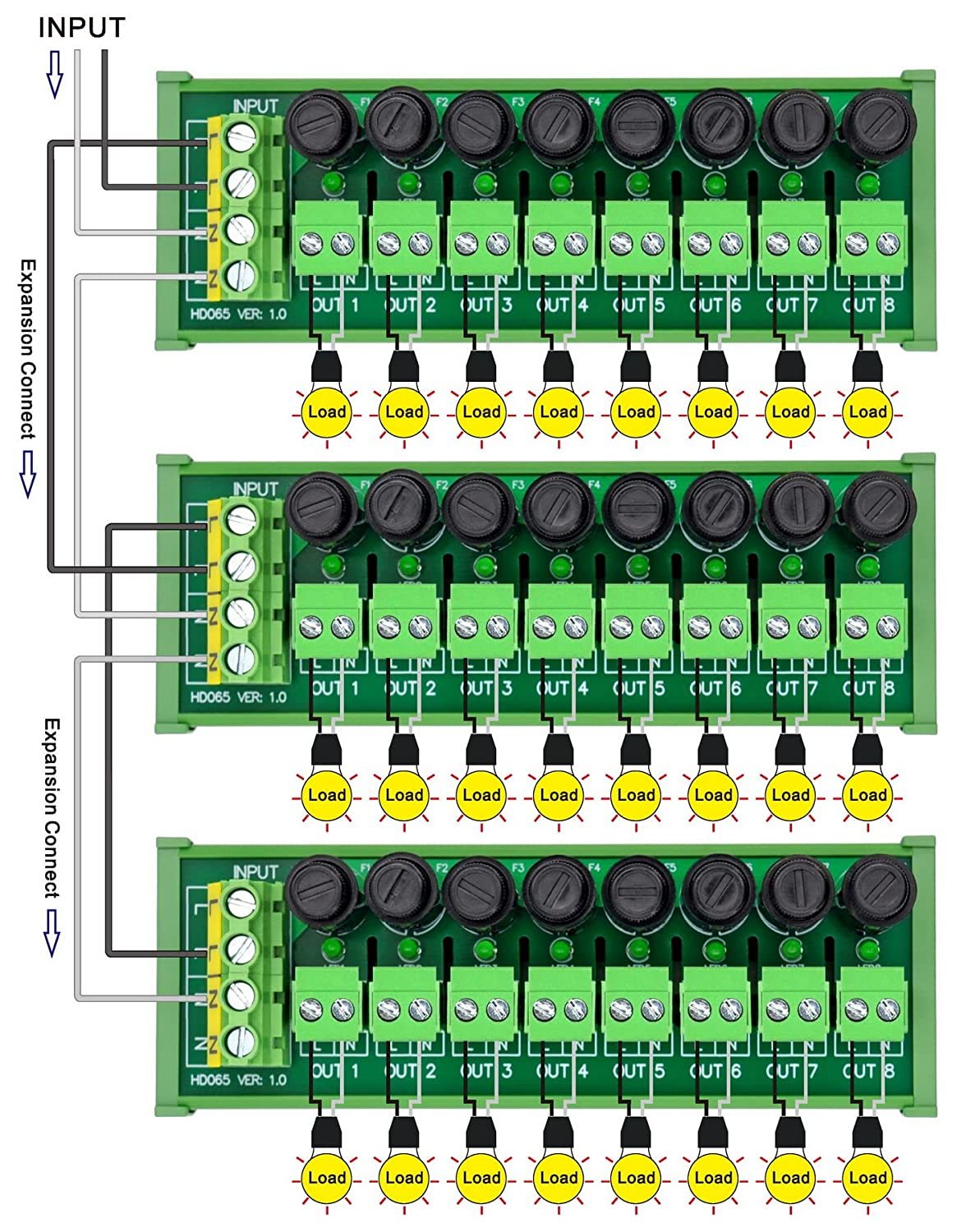DIN Rail Mount AC 24-250V 8 Channel Pluggable Side Wiring Terminal Block Power Distribution Fuse Module, HCDC HD065RT
