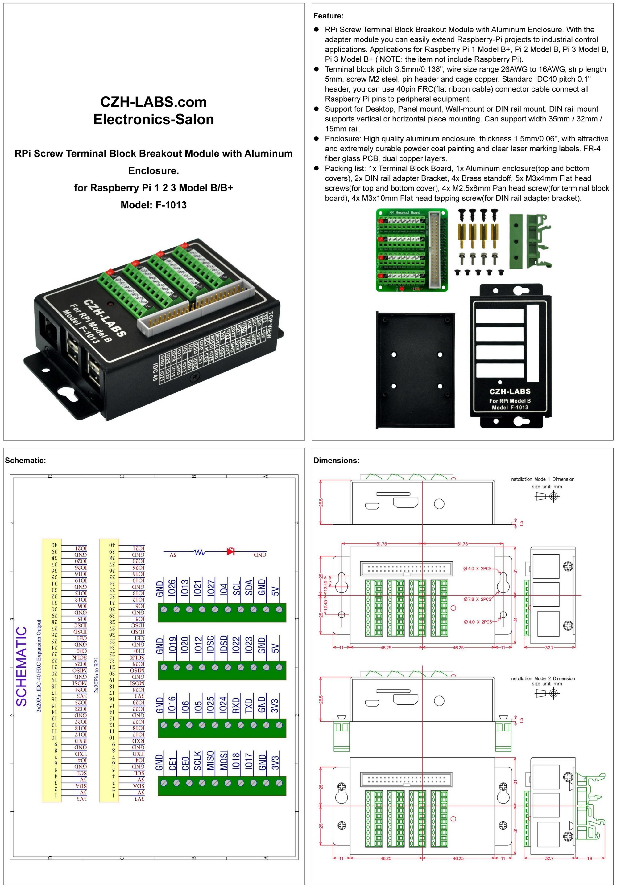CZH-LABS RPi Screw Terminal Block Breakout Module with Aluminum Enclosure. for Raspberry Pi 1 2 3 Model B/B+