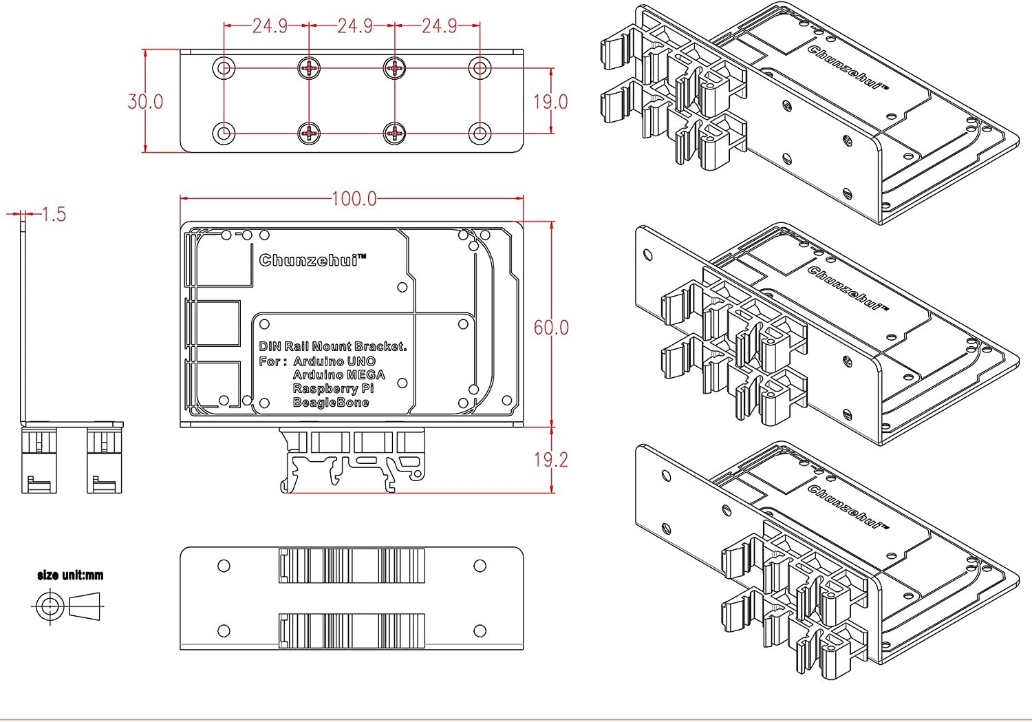 DIN Rail Mount Bracket for Raspberry Pi 1A+ 1B+ 2B 3B 3B+ 4B Zero, UNO Mega-2560 BeagleBone Black